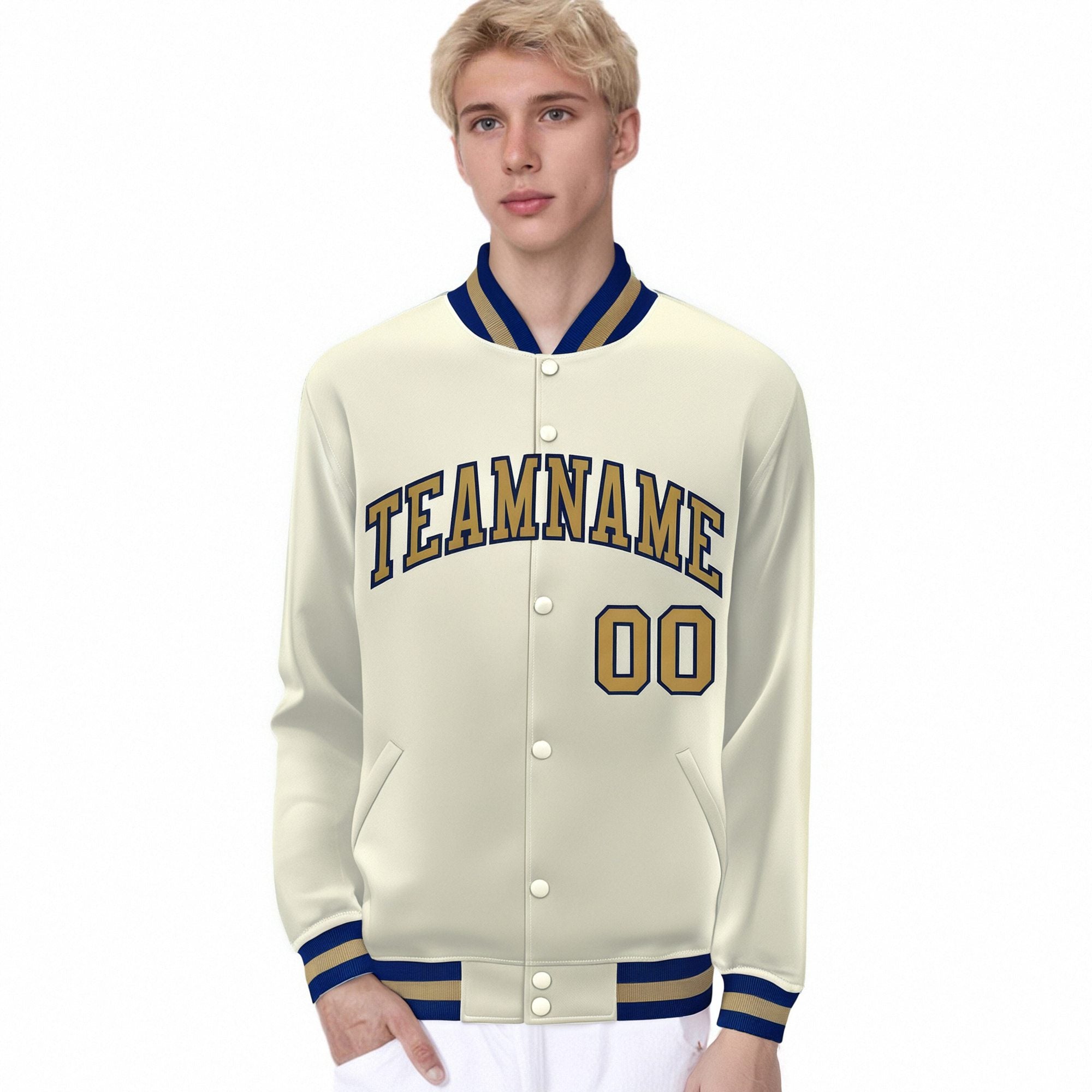 Custom Cream Old-Gold Navy Bomber Full-Snap Varsity Letterman Jacket