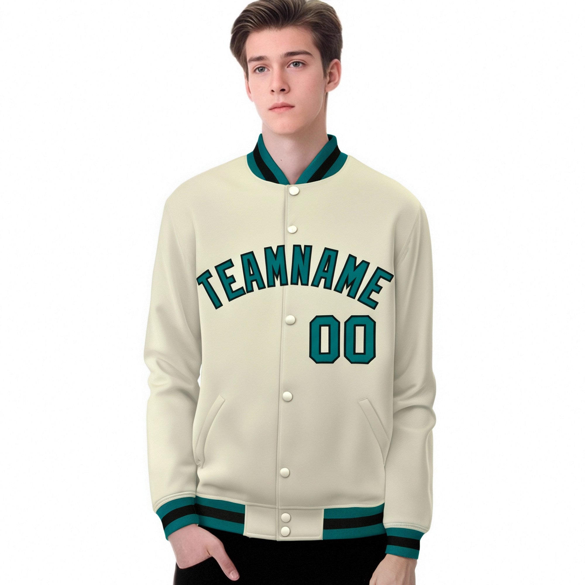 Custom Cream Aqua-Black Bomber Full-Snap Varsity Letterman Jacket