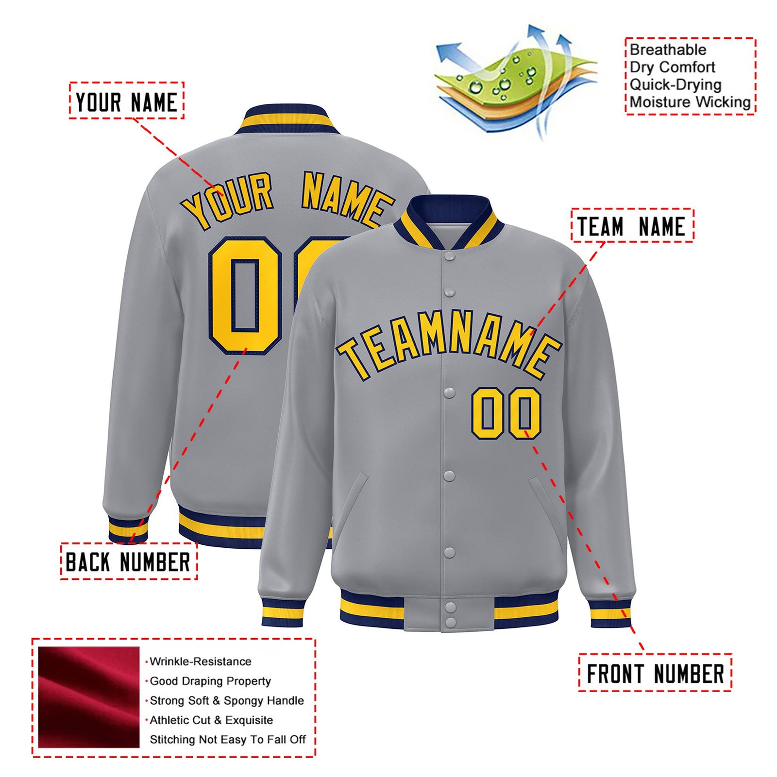 Custom Gray Yellow-Navy Bomber Full-Snap Varsity Letterman Jacket