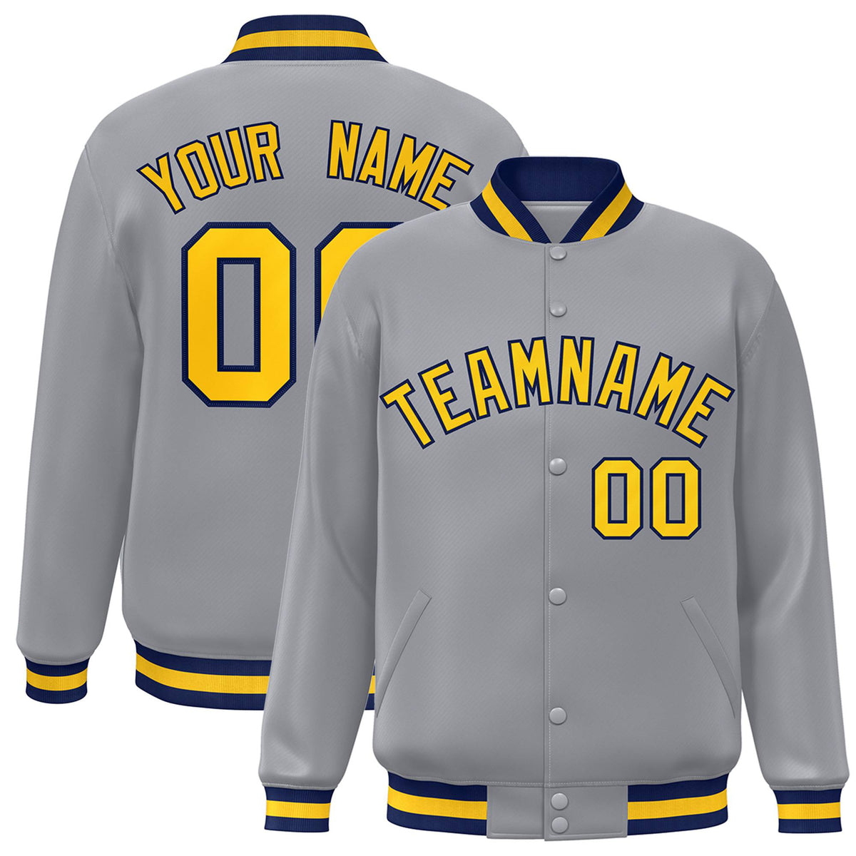 Custom Gray Yellow-Navy Bomber Full-Snap Varsity Letterman Jacket