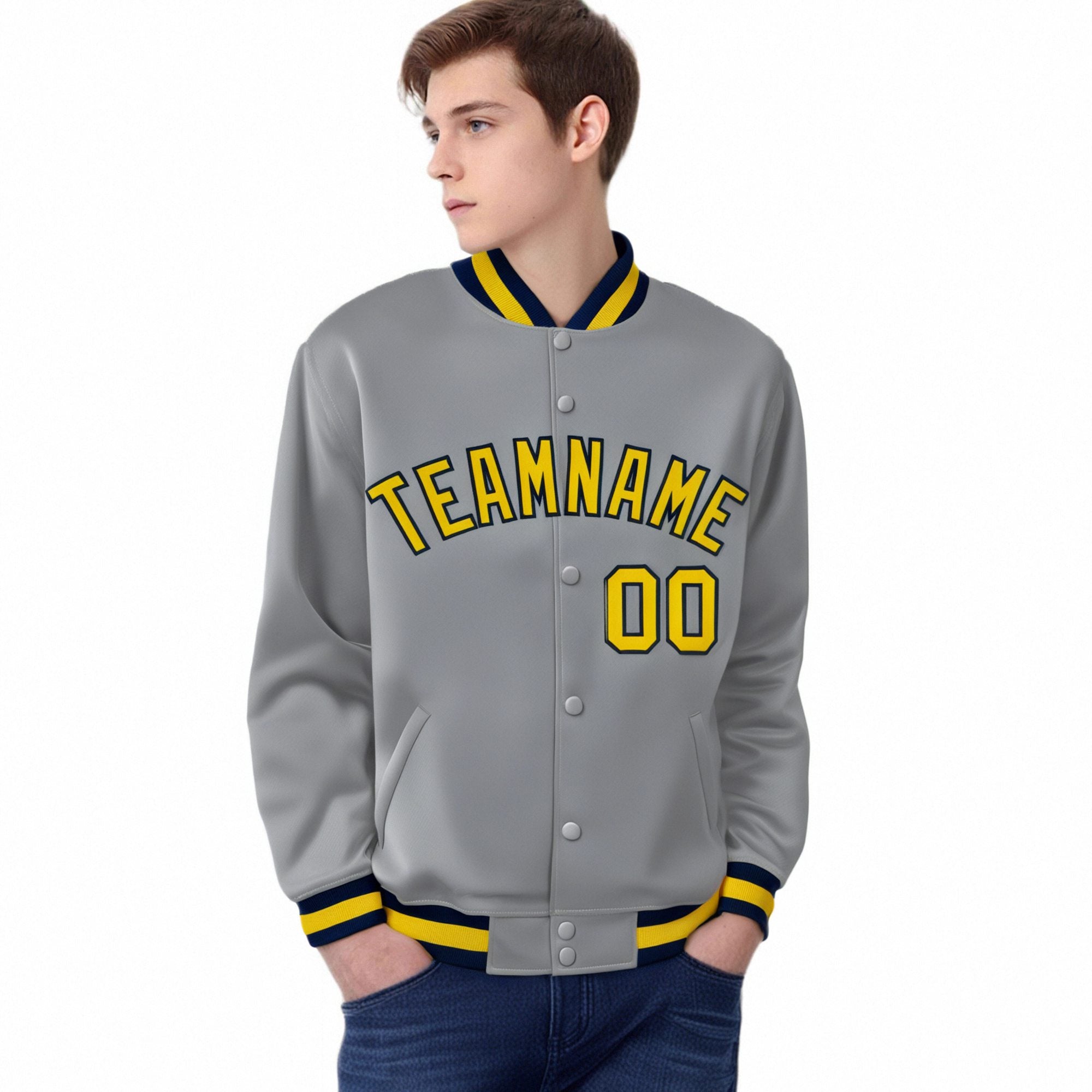 Custom Gray Yellow-Navy Bomber Full-Snap Varsity Letterman Jacket