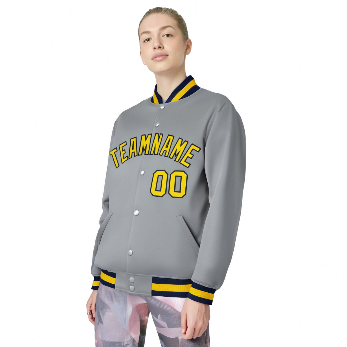 Custom Gray Yellow-Navy Bomber Full-Snap Varsity Letterman Jacket