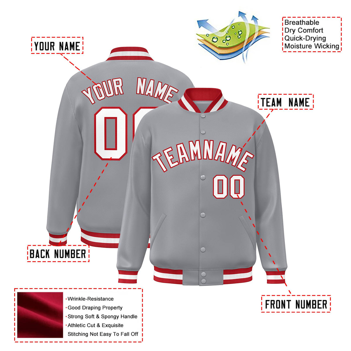 Custom Gray White-Red Bomber Full-Snap Varsity Letterman Jacket