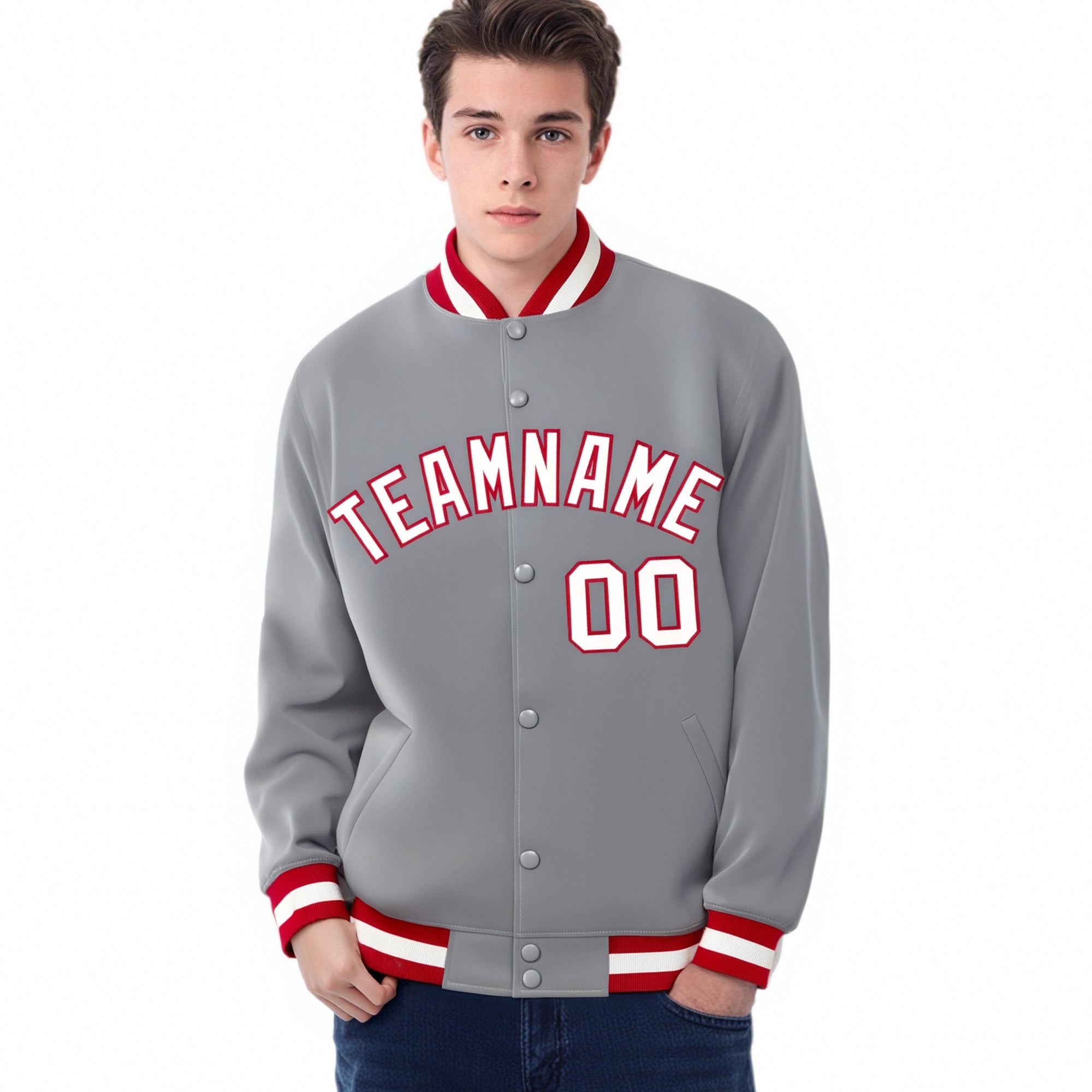 Custom Gray White-Red Bomber Full-Snap Varsity Letterman Jacket