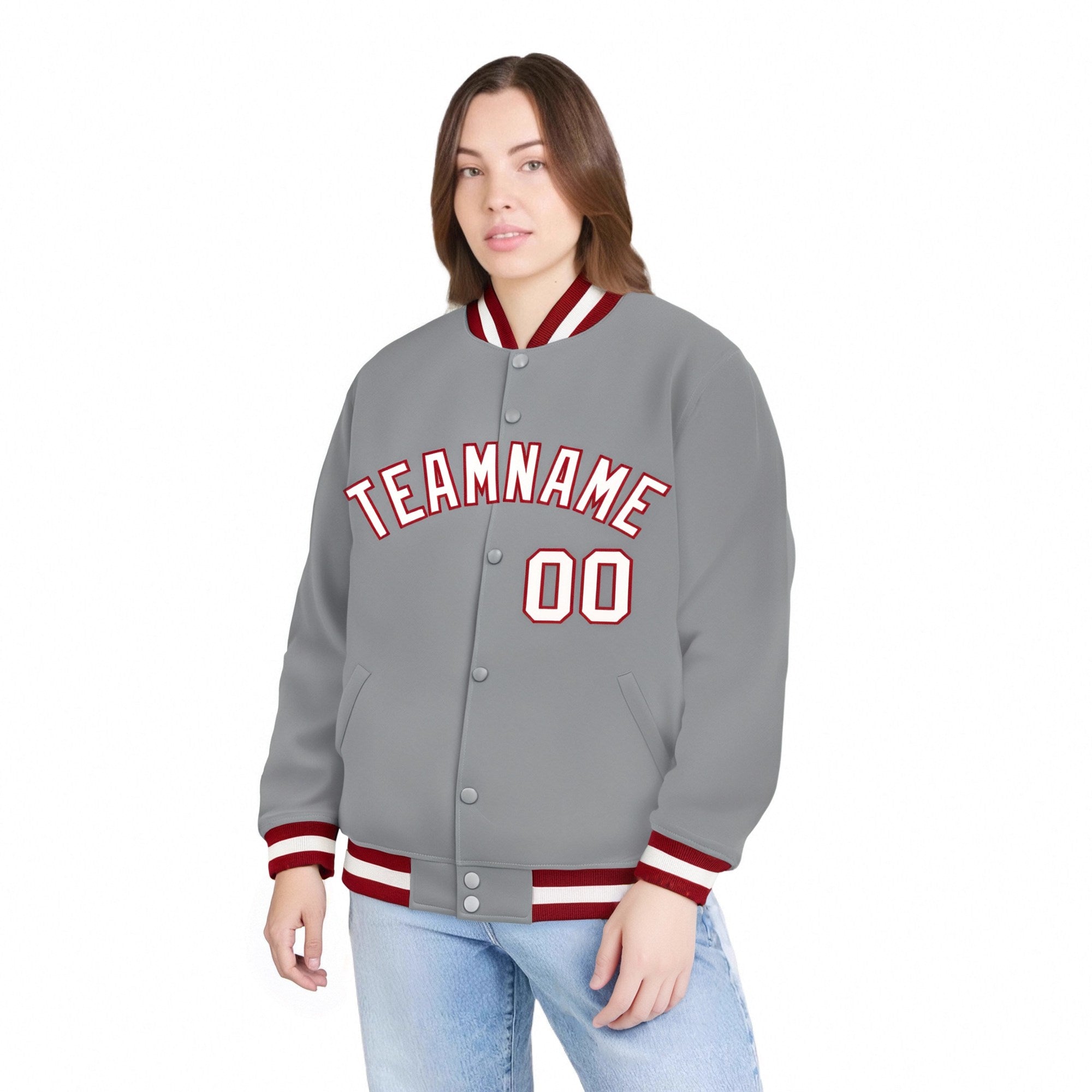 Custom Gray White-Red Bomber Full-Snap Varsity Letterman Jacket