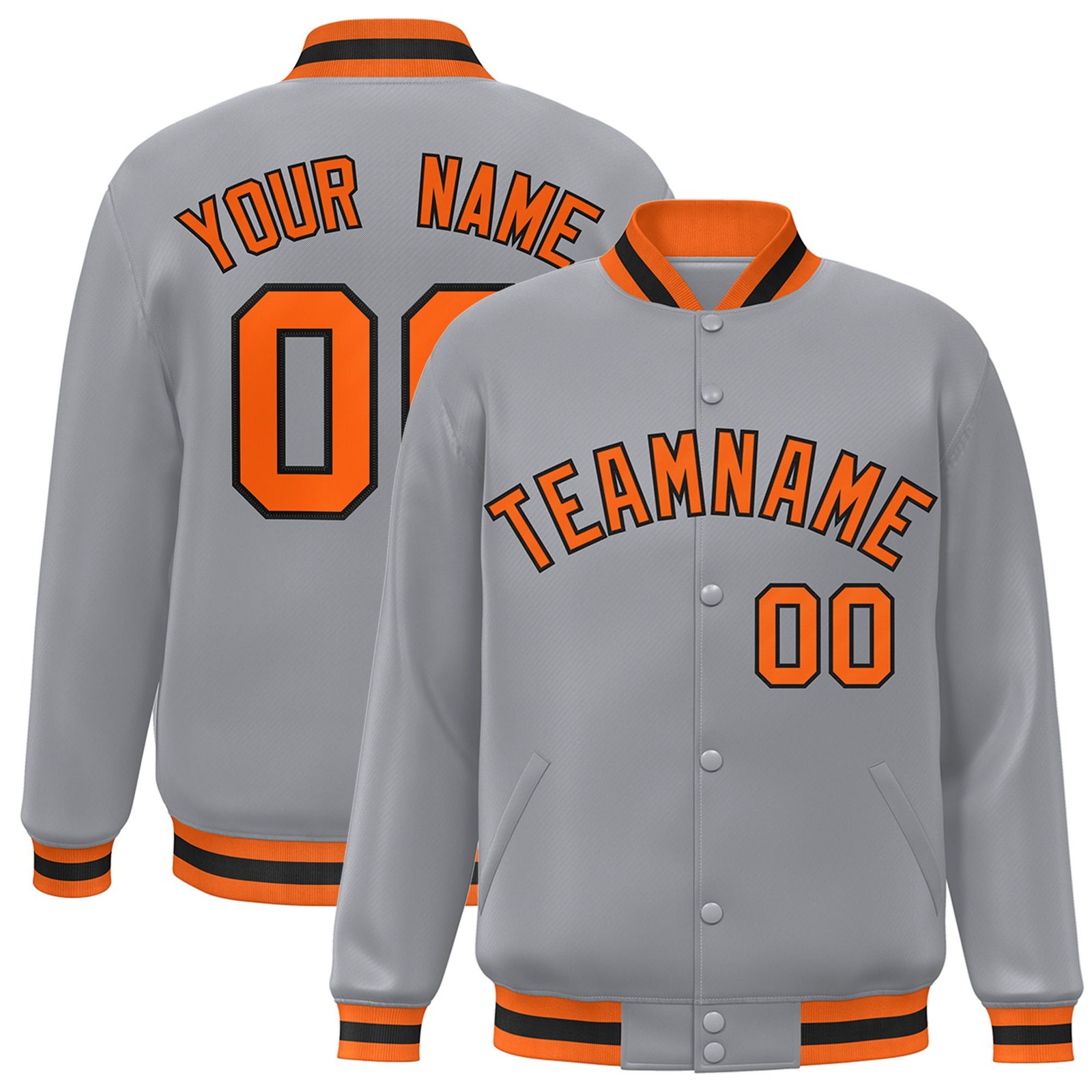 Custom Gray Orange-Black Bomber Full-Snap Varsity Letterman Jacket