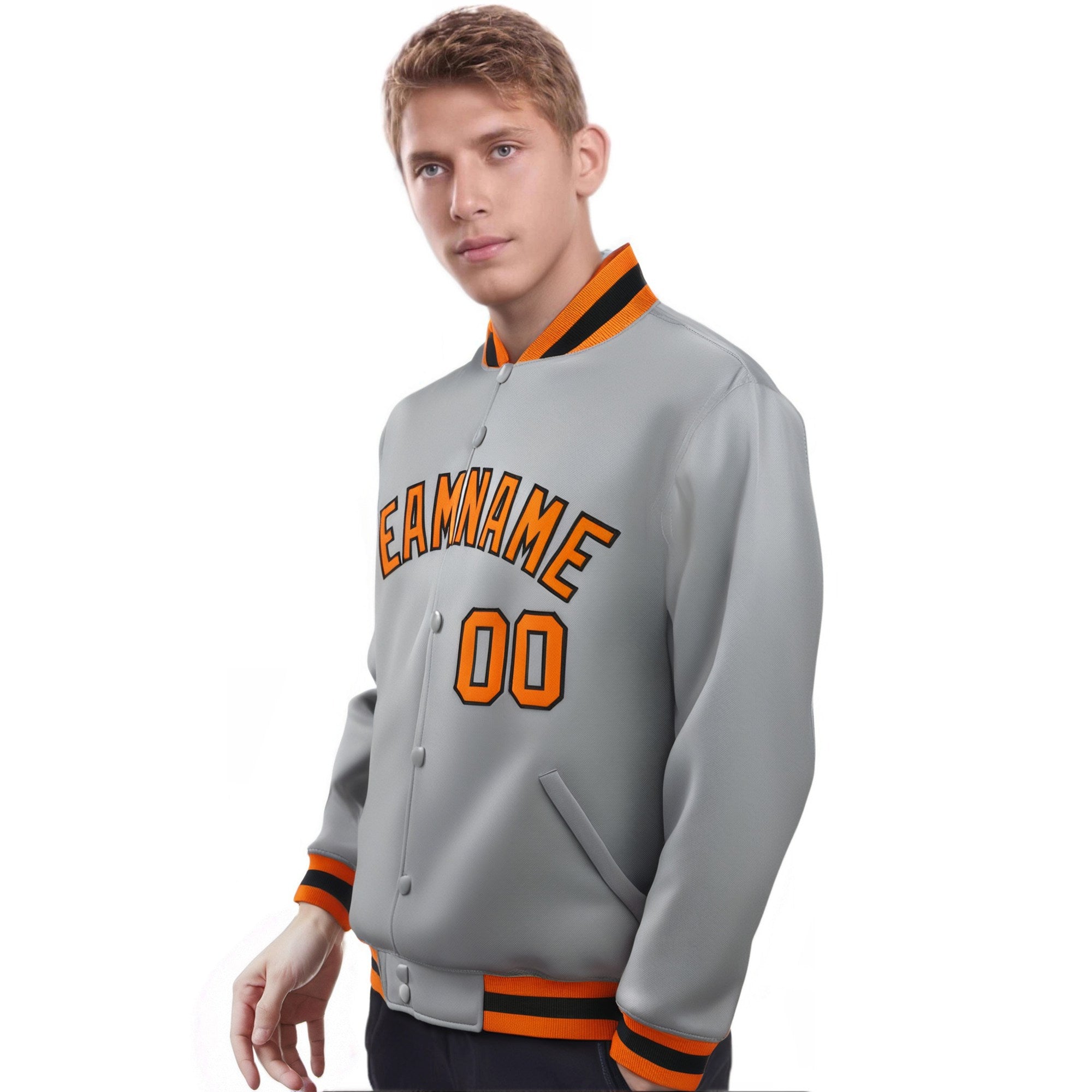 Custom Gray Orange-Black Bomber Full-Snap Varsity Letterman Jacket