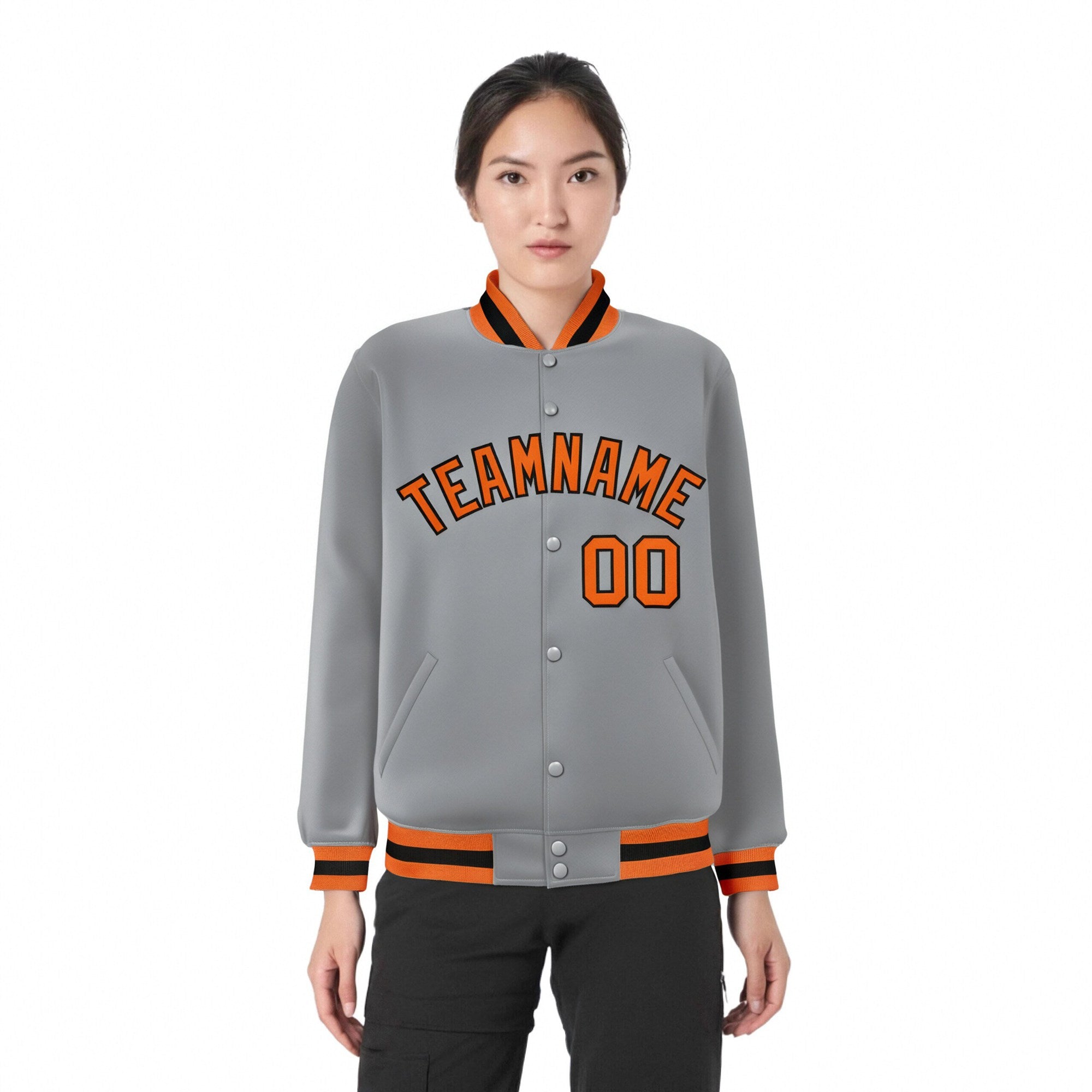 Custom Gray Orange-Black Bomber Full-Snap Varsity Letterman Jacket