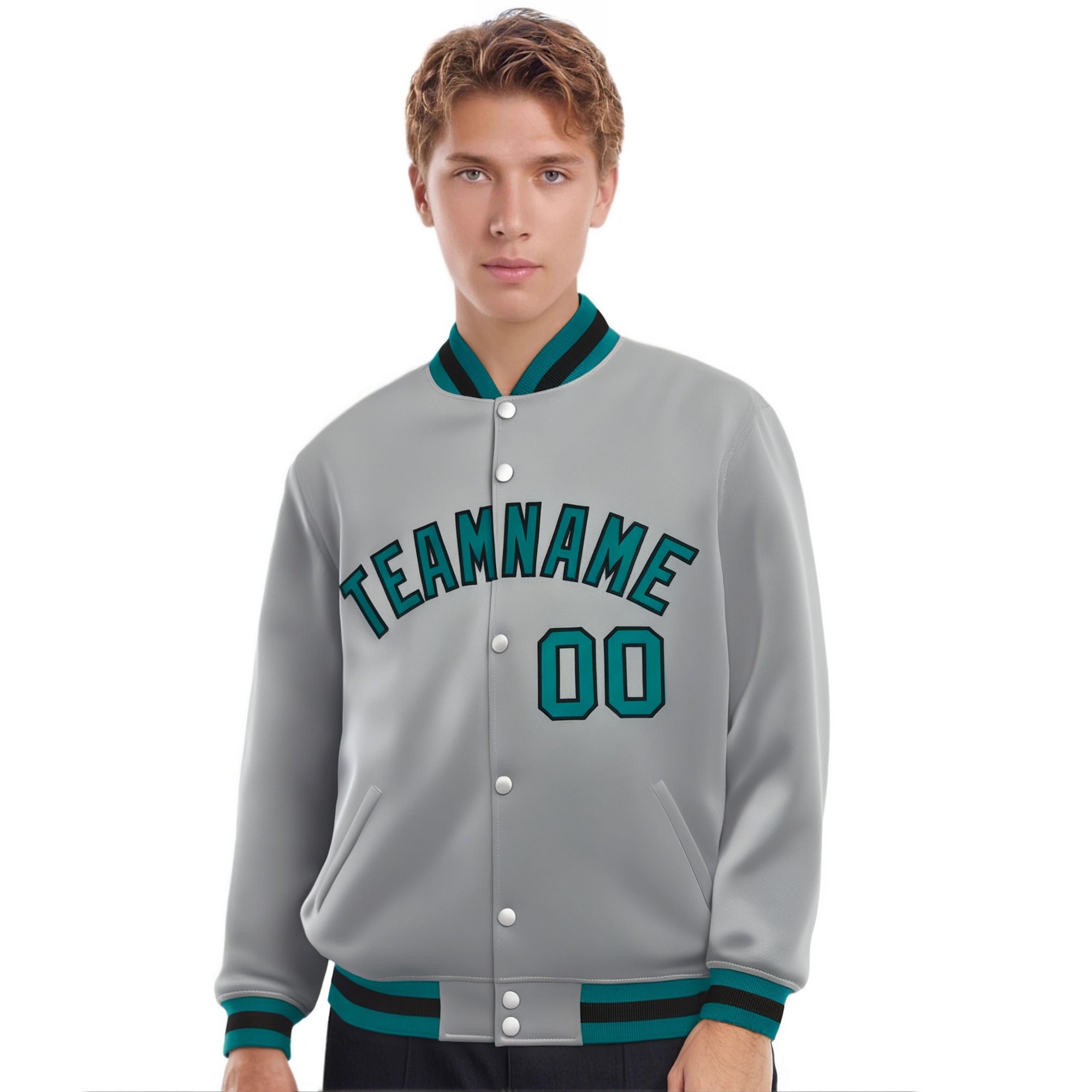 Custom Gray Aqua-Black Bomber Full-Snap Varsity Letterman Jacket