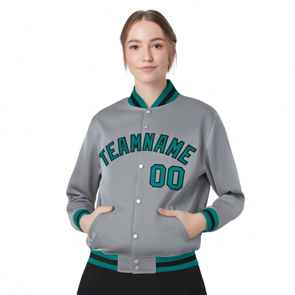 Custom Gray Aqua-Black Bomber Full-Snap Varsity Letterman Jacket