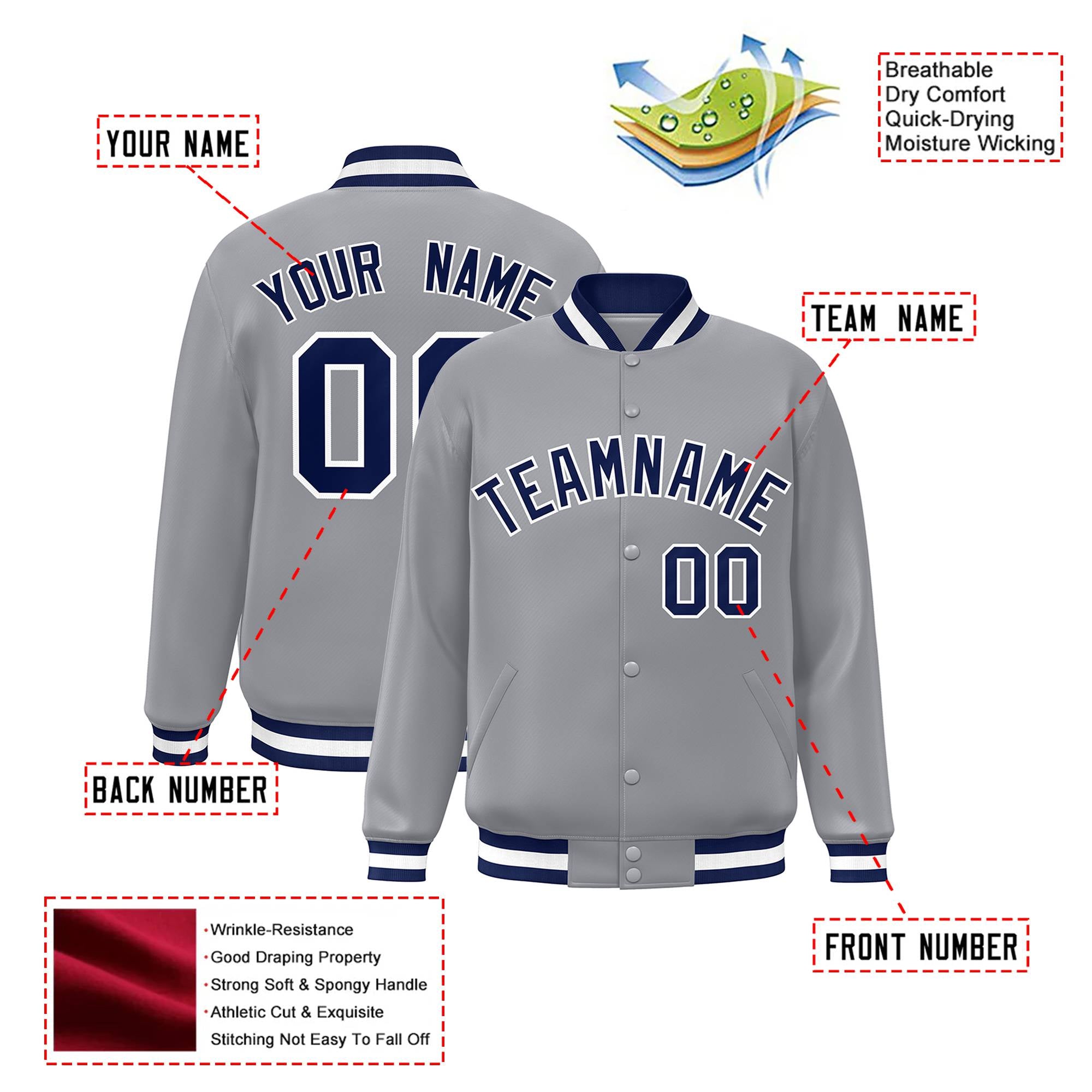 Custom Gray Navy-White Bomber Full-Snap Varsity Letterman Jacket