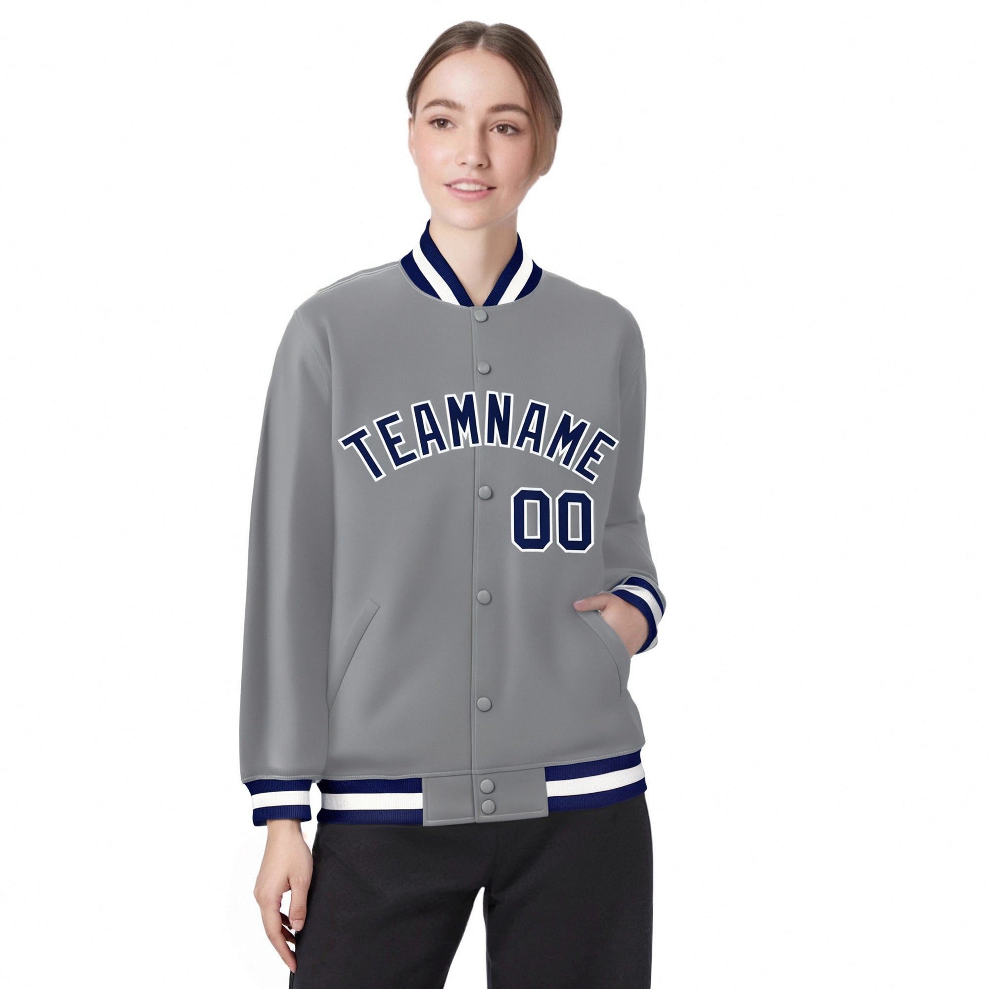 Custom Gray Navy-White Bomber Full-Snap Varsity Letterman Jacket