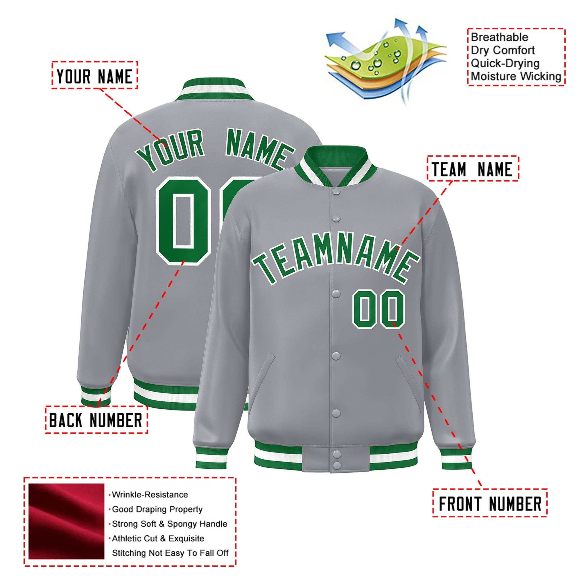 Custom Gray Neon-Green White Bomber Full-Snap Varsity Letterman Jacket