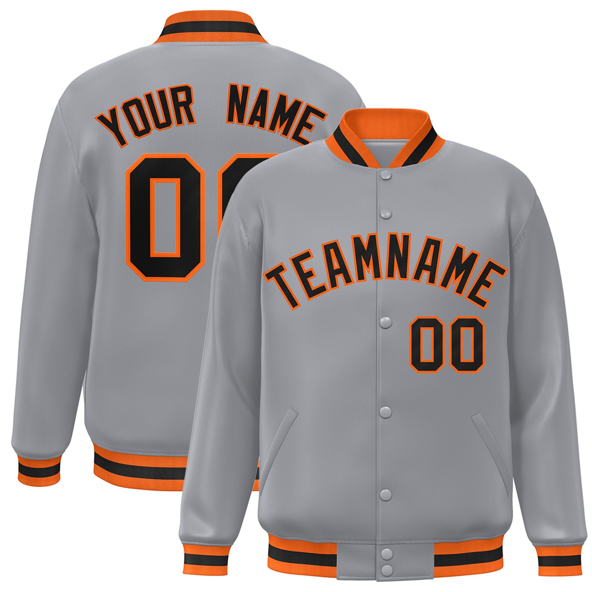 Custom Gray Black-Orange Bomber Full-Snap Varsity Letterman Jacket