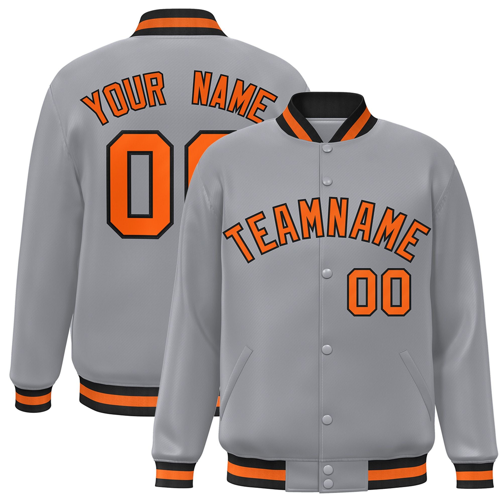 Custom Gray Orange-Black Bomber Full-Snap Varsity Letterman Jacket