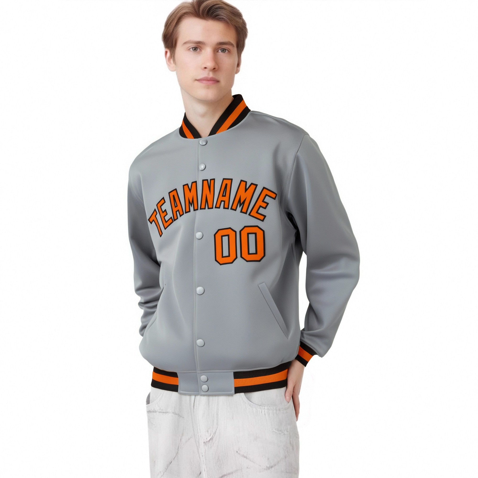 Custom Gray Orange-Black Bomber Full-Snap Varsity Letterman Jacket