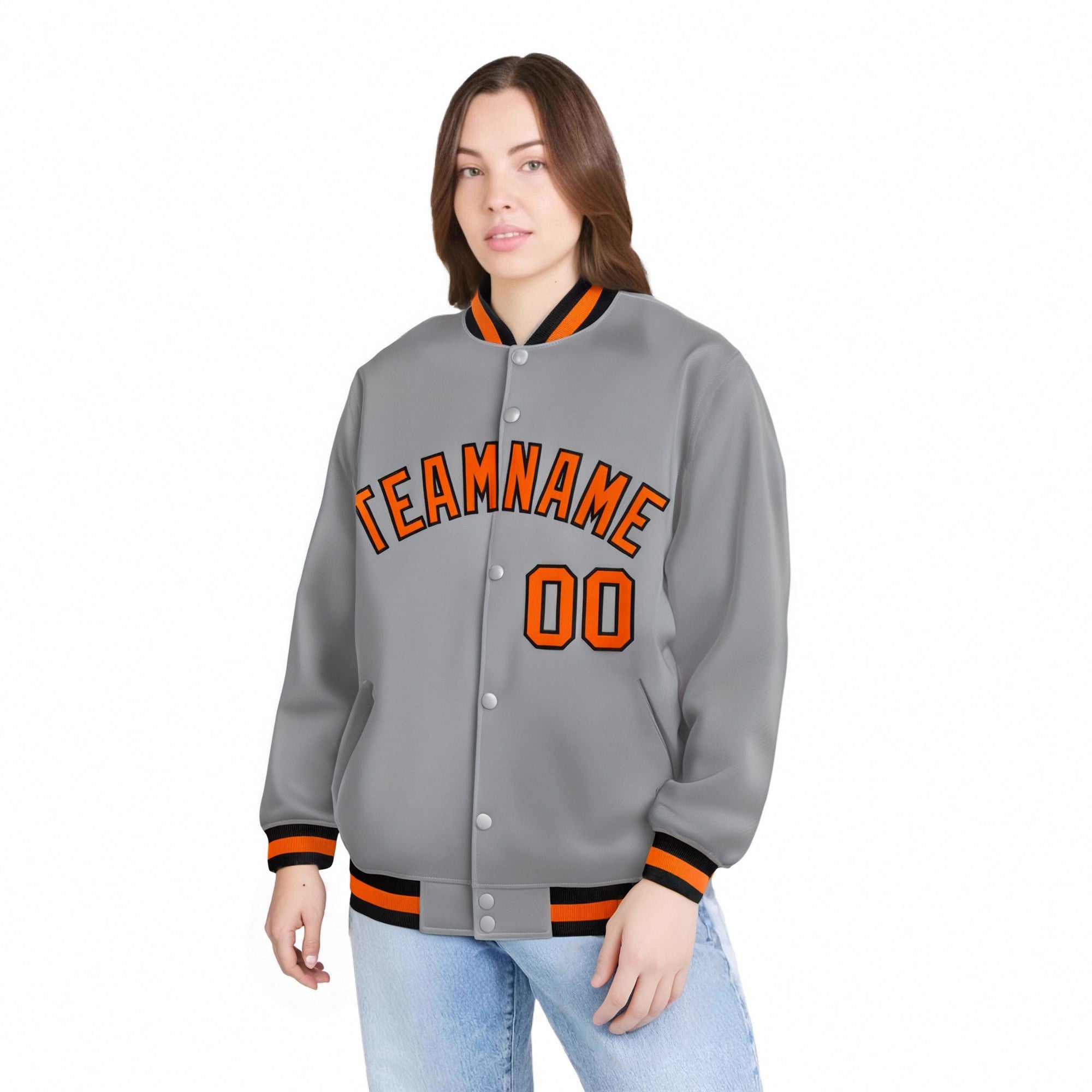 Custom Gray Orange-Black Bomber Full-Snap Varsity Letterman Jacket