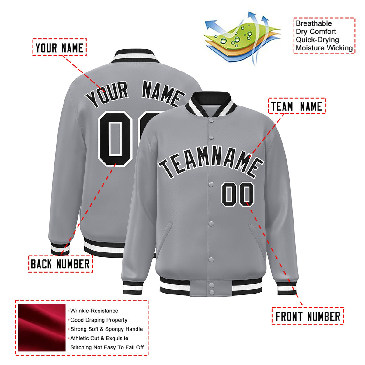 Custom Gray Black-White Bomber Full-Snap Varsity Letterman Jacket