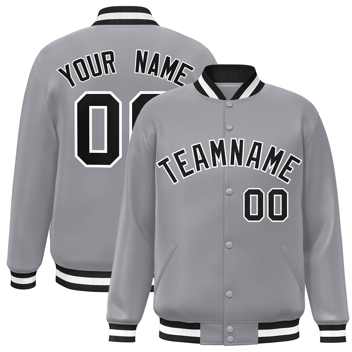 Custom Gray Black-White Bomber Full-Snap Varsity Letterman Jacket