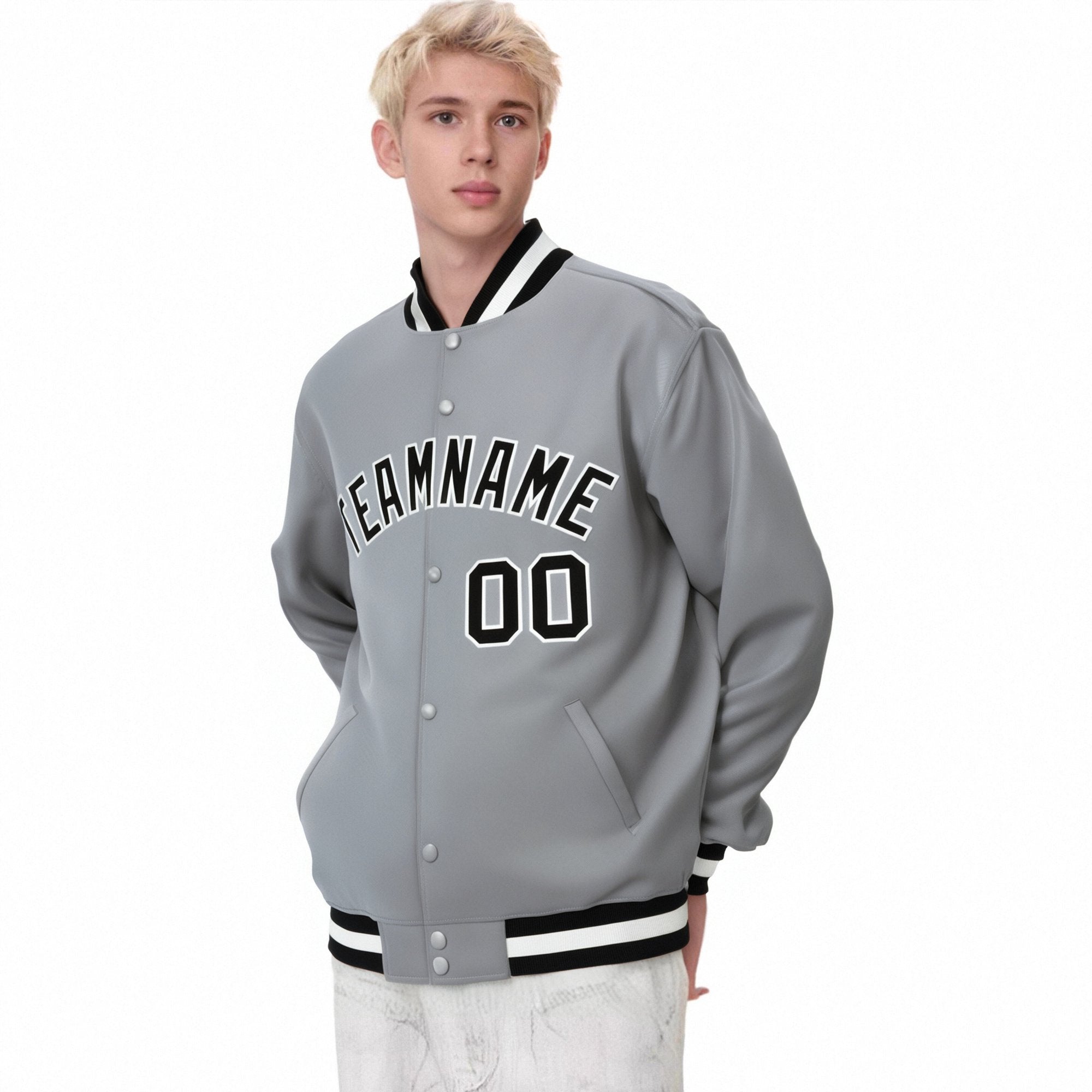 Custom Gray Black-White Bomber Full-Snap Varsity Letterman Jacket