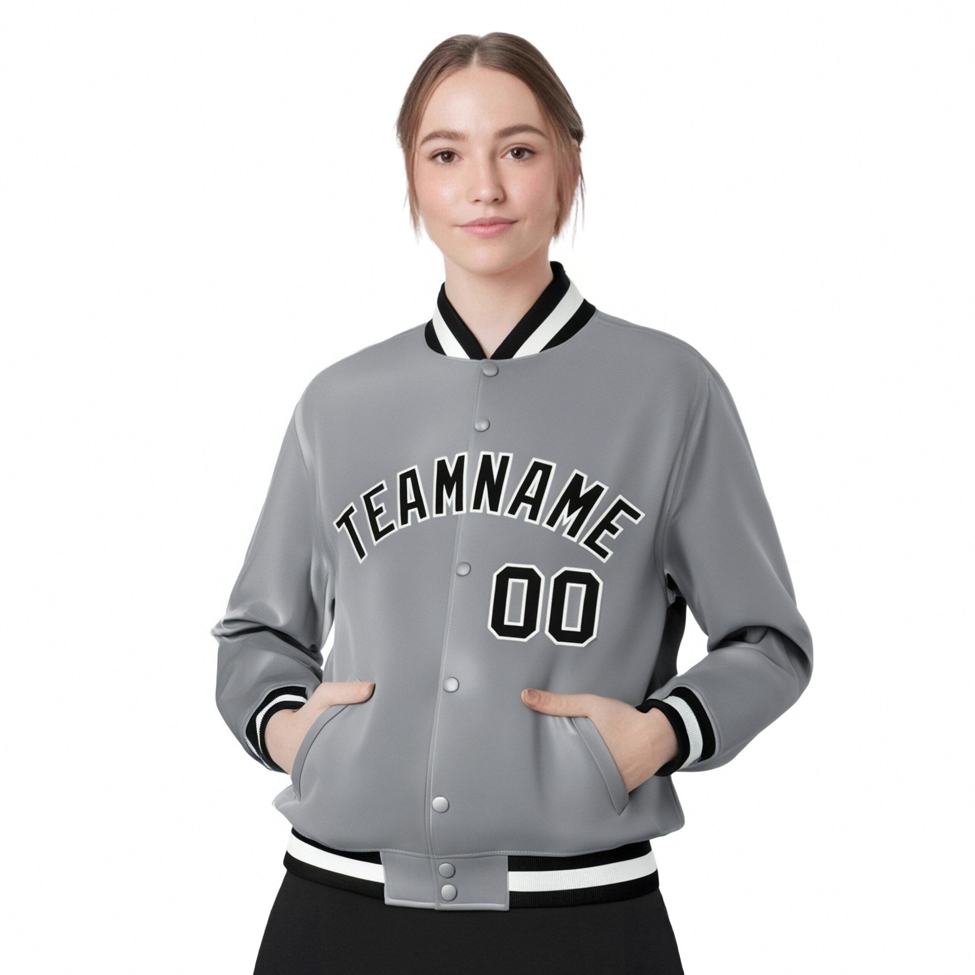 Custom Gray Black-White Bomber Full-Snap Varsity Letterman Jacket