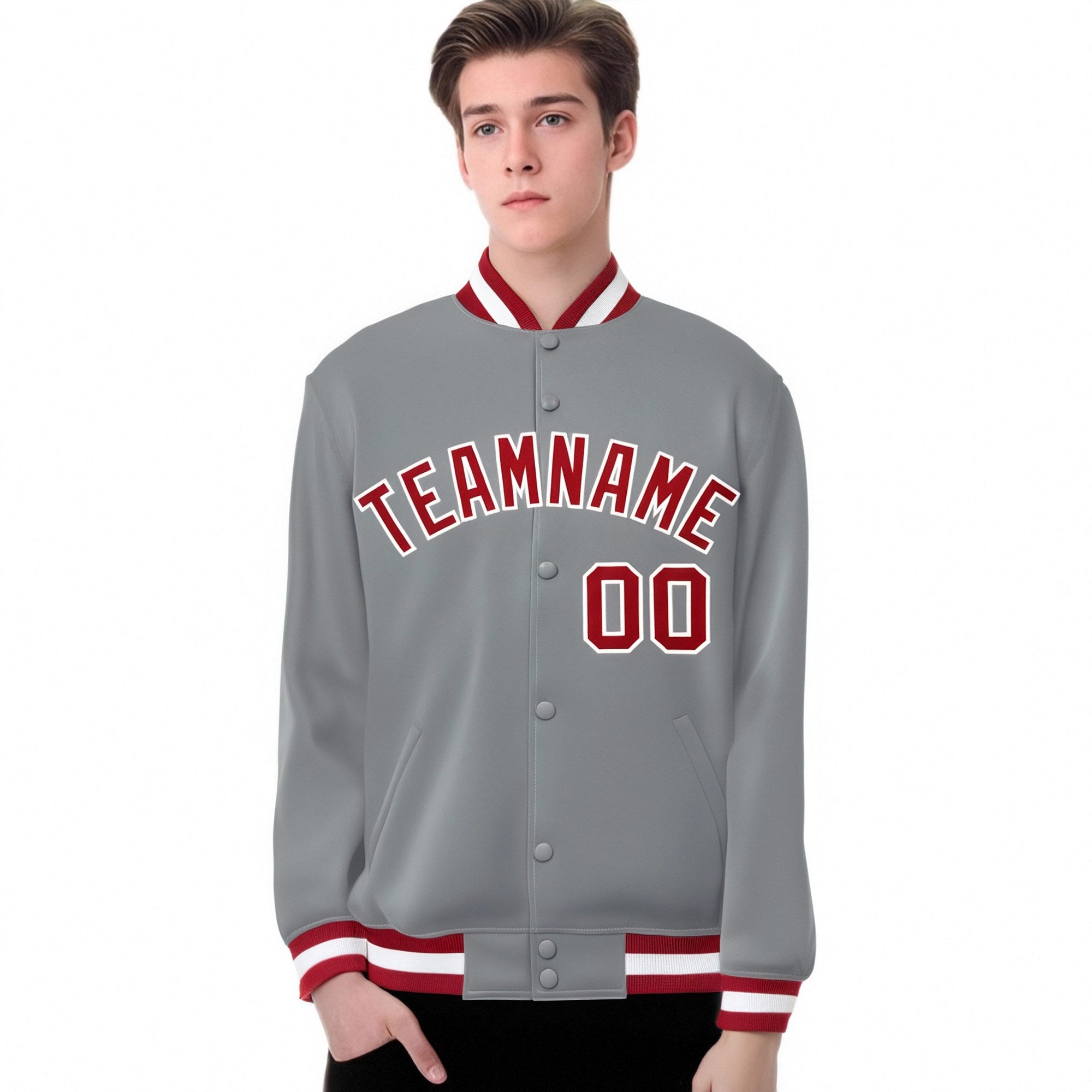 Custom Gray Red-White Bomber Full-Snap Varsity Letterman Jacket