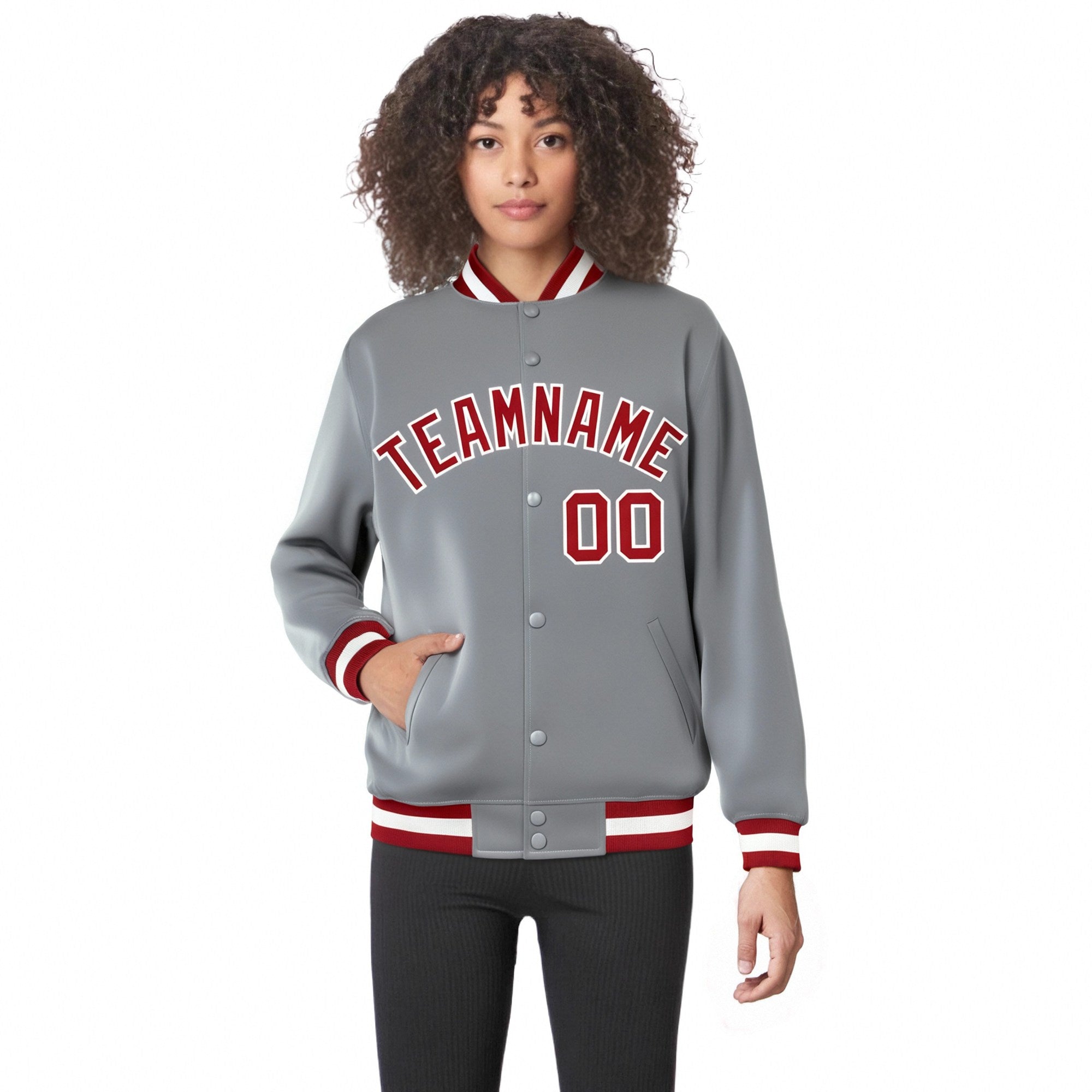 Custom Gray Red-White Bomber Full-Snap Varsity Letterman Jacket