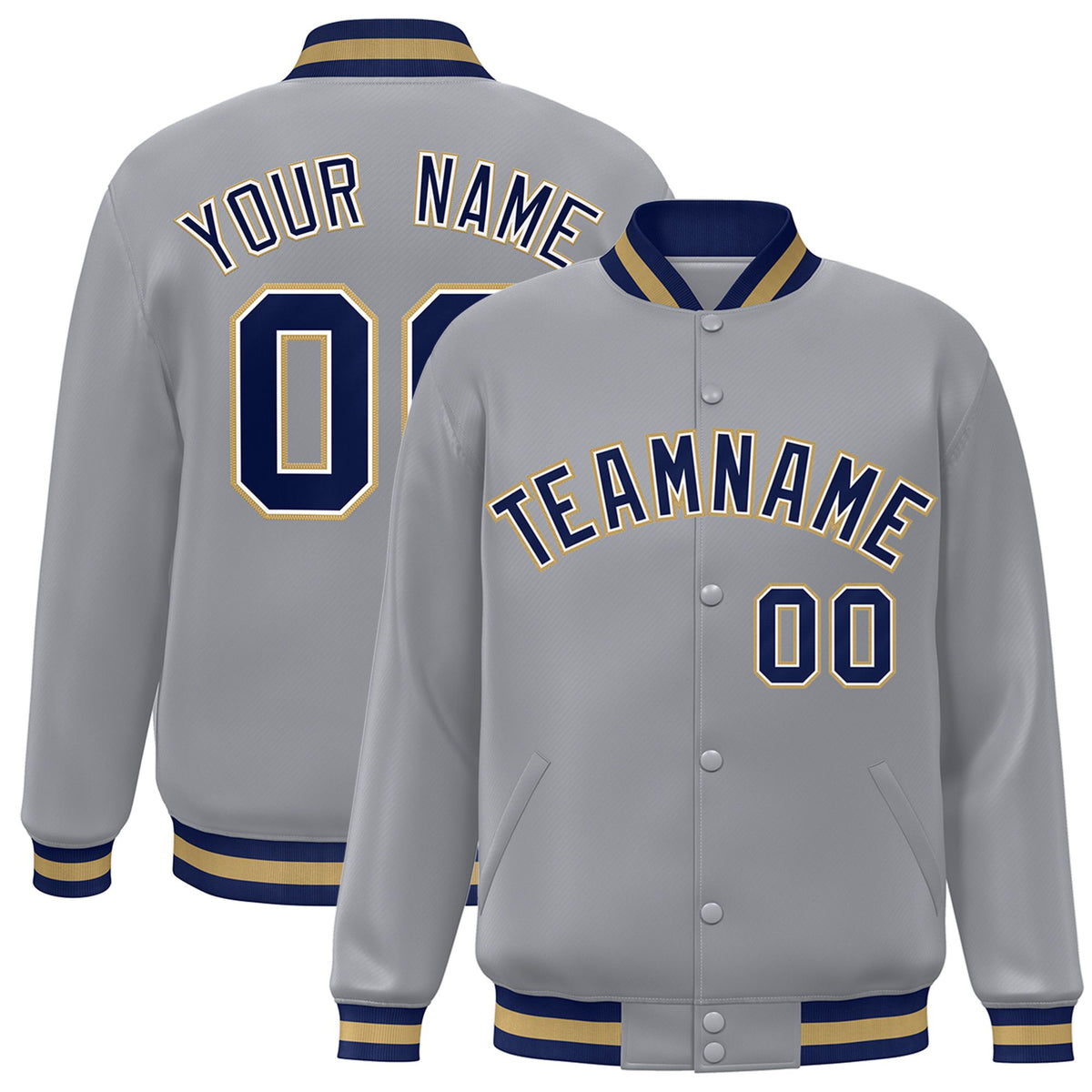 Custom Gray Navy Old-Gold Bomber Full-Snap Varsity Letterman Jacket