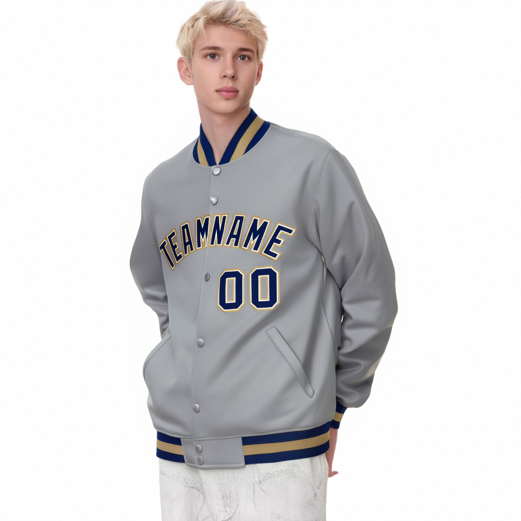 Custom Gray Navy Old-Gold Bomber Full-Snap Varsity Letterman Jacket