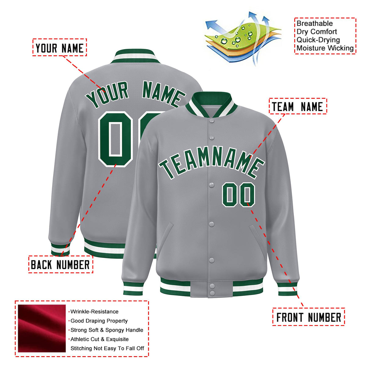 Custom Gray Neon-Green White Bomber Full-Snap Varsity Letterman Jacket
