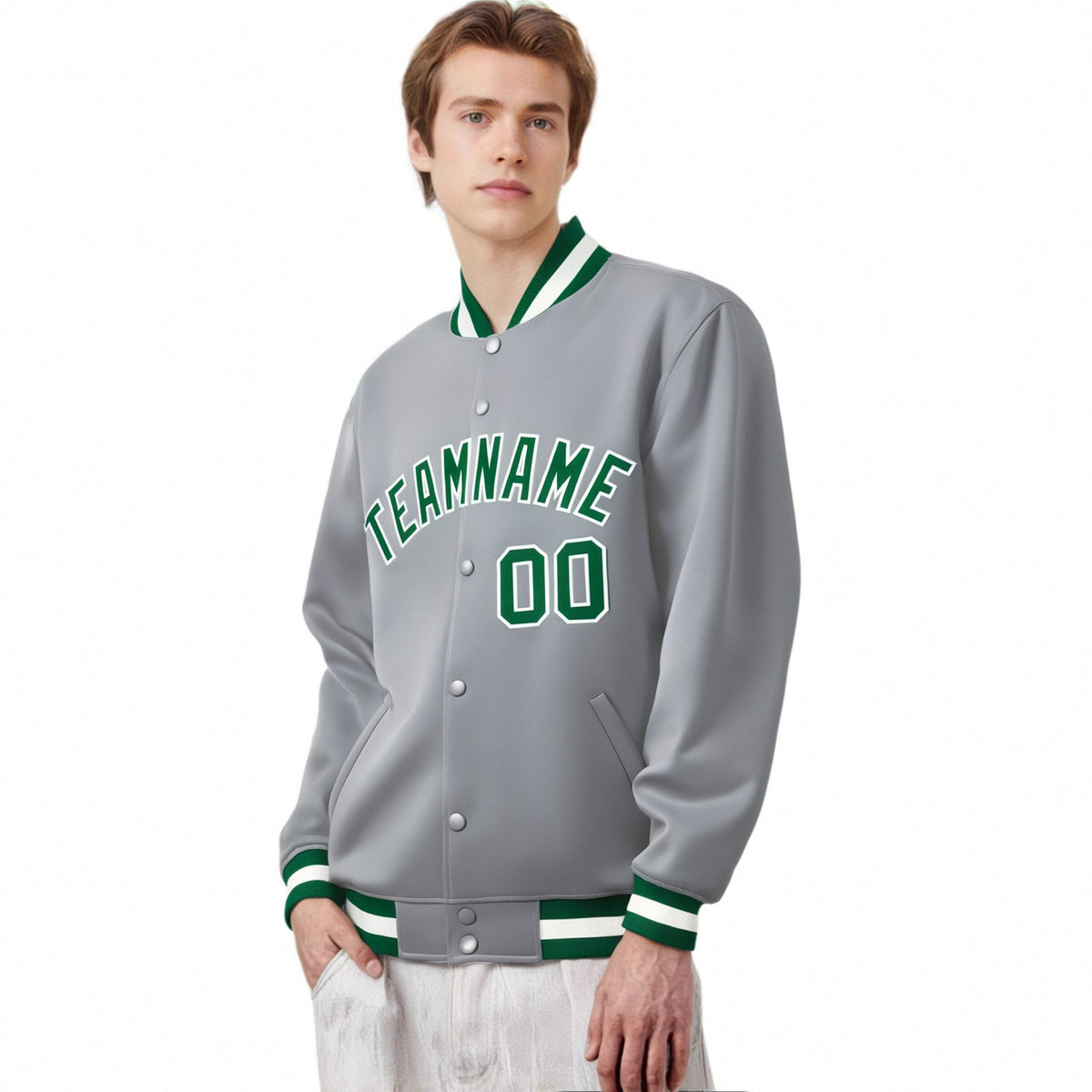 Custom Gray Neon-Green White Bomber Full-Snap Varsity Letterman Jacket