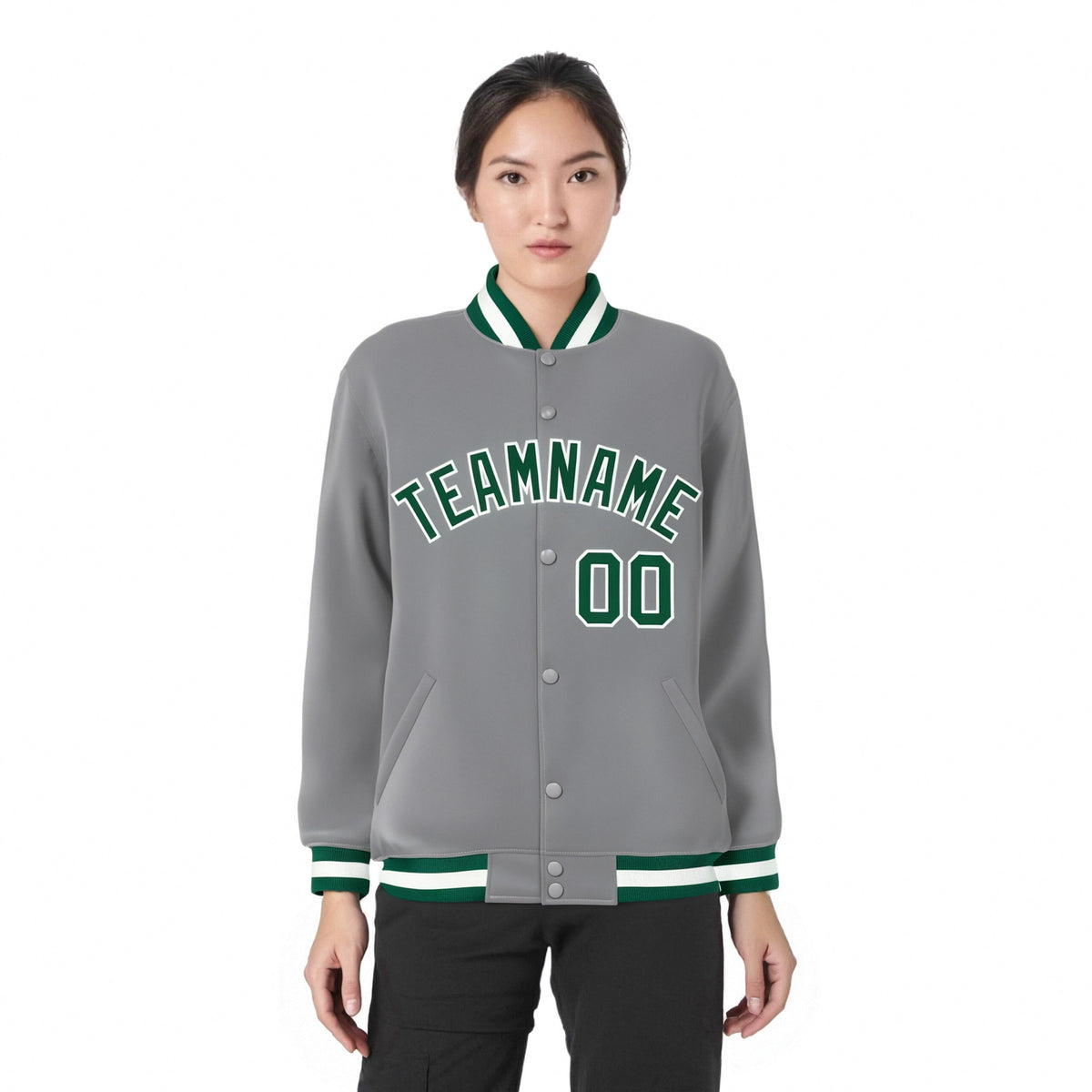 Custom Gray Neon-Green White Bomber Full-Snap Varsity Letterman Jacket