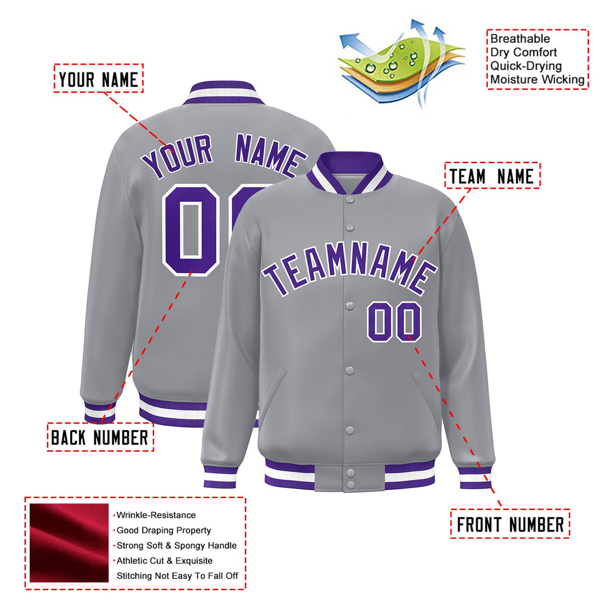 Custom Gray Purple-White Bomber Full-Snap Varsity Letterman Jacket