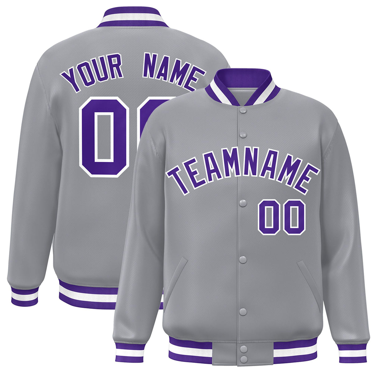 Custom Gray Purple-White Bomber Full-Snap Varsity Letterman Jacket
