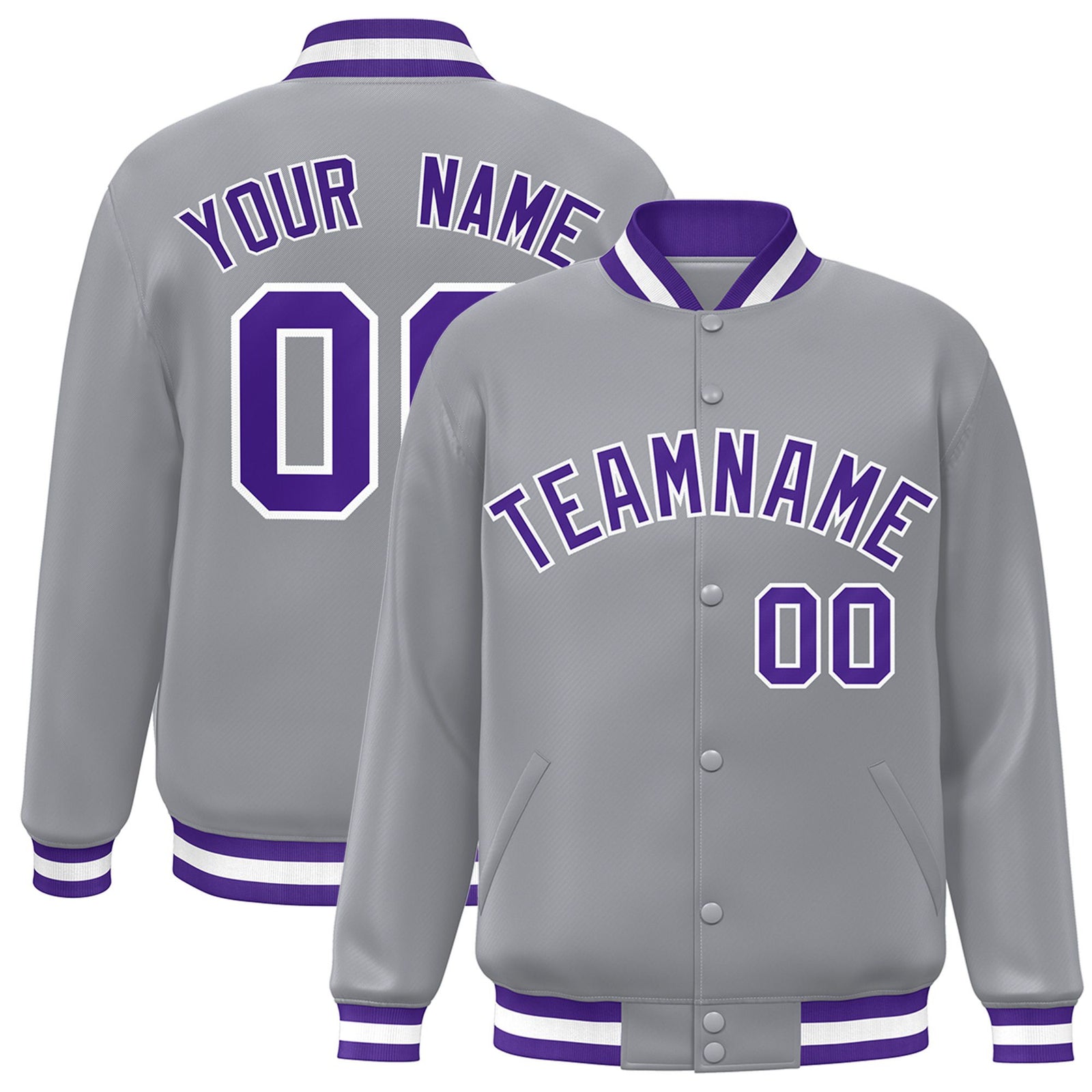Custom Gray Purple-White Bomber Full-Snap Varsity Letterman Jacket