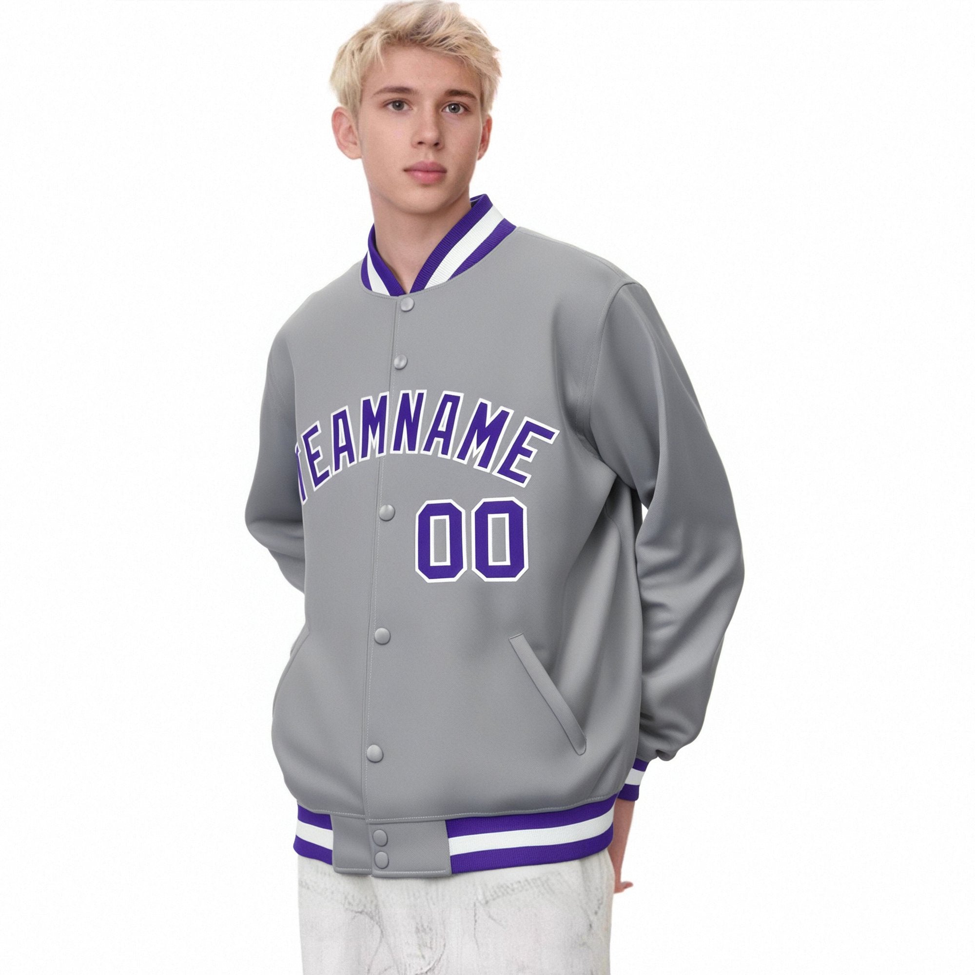 Custom Gray Purple-White Bomber Full-Snap Varsity Letterman Jacket