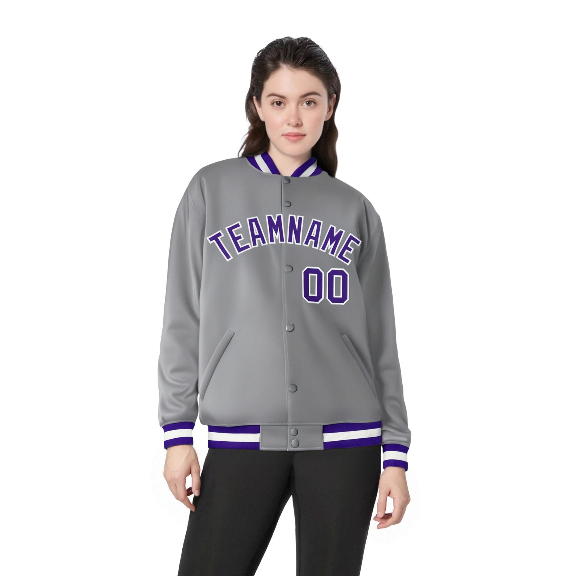 Custom Gray Purple-White Bomber Full-Snap Varsity Letterman Jacket