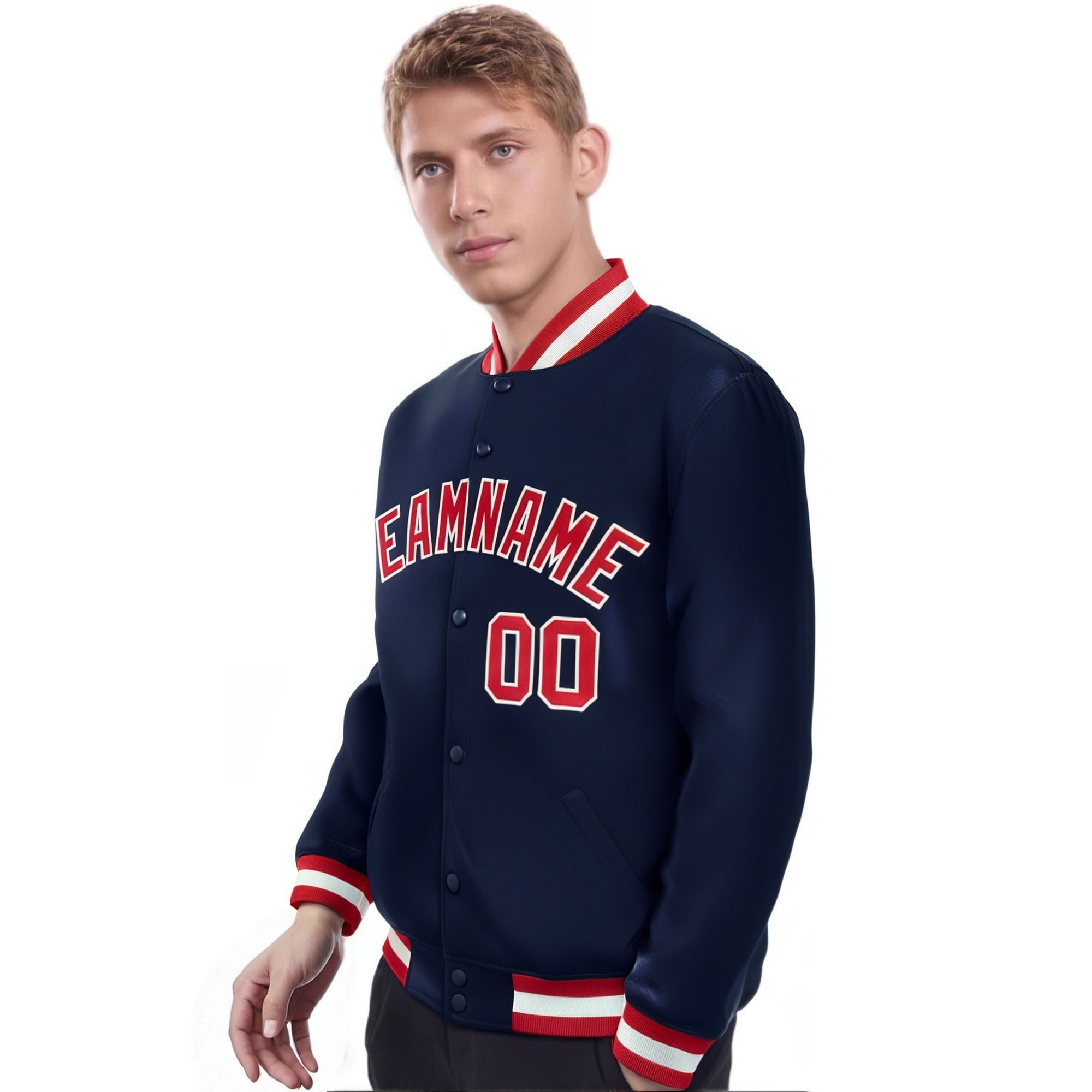 Custom Navy Red-White Bomber Full-Snap Varsity Letterman Jacket