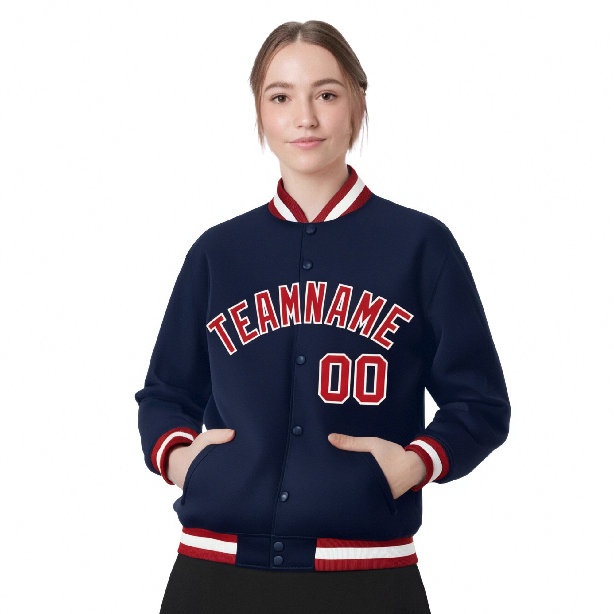 Custom Navy Red-White Bomber Full-Snap Varsity Letterman Jacket