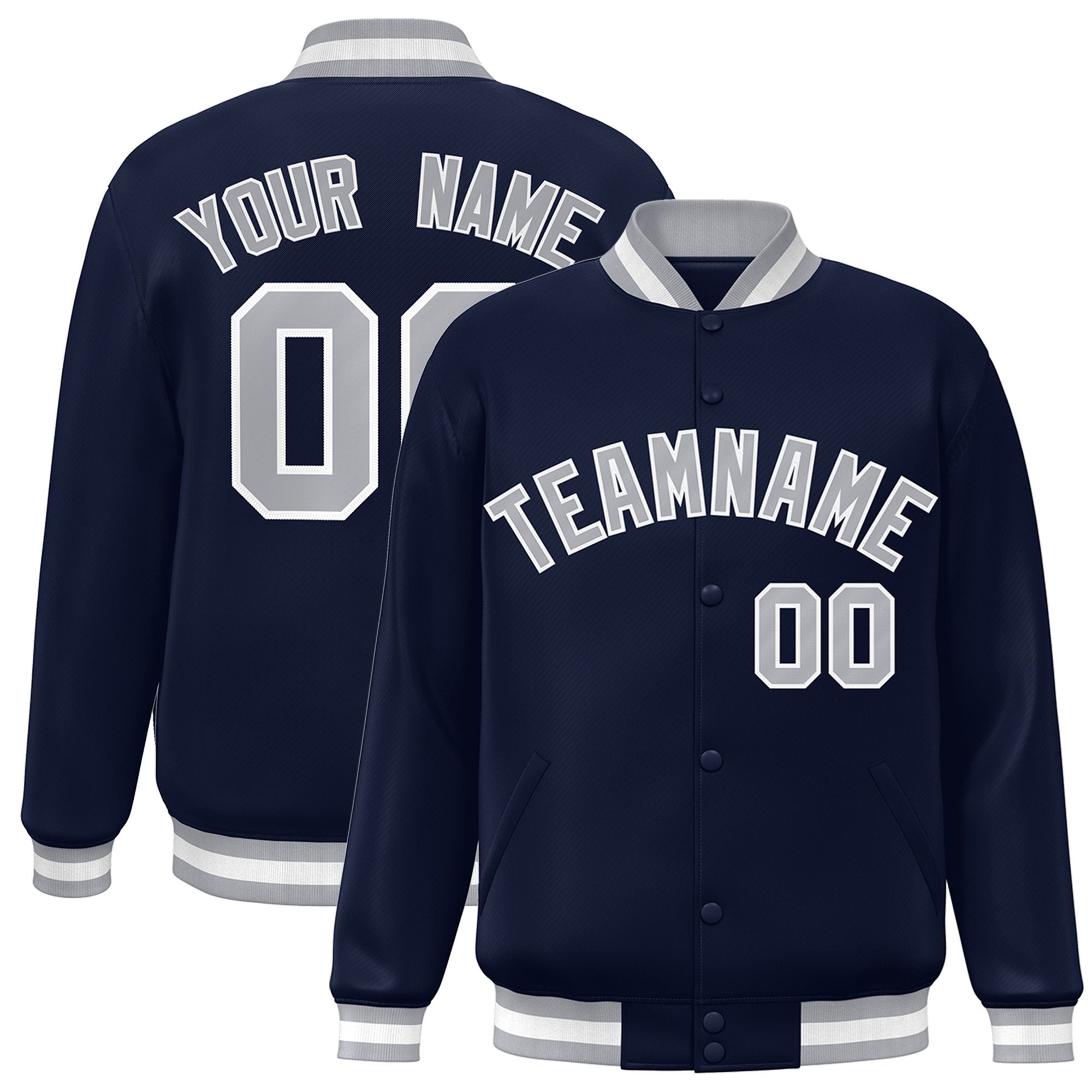 Custom Navy Gray-White Bomber Full-Snap Varsity Letterman Jacket