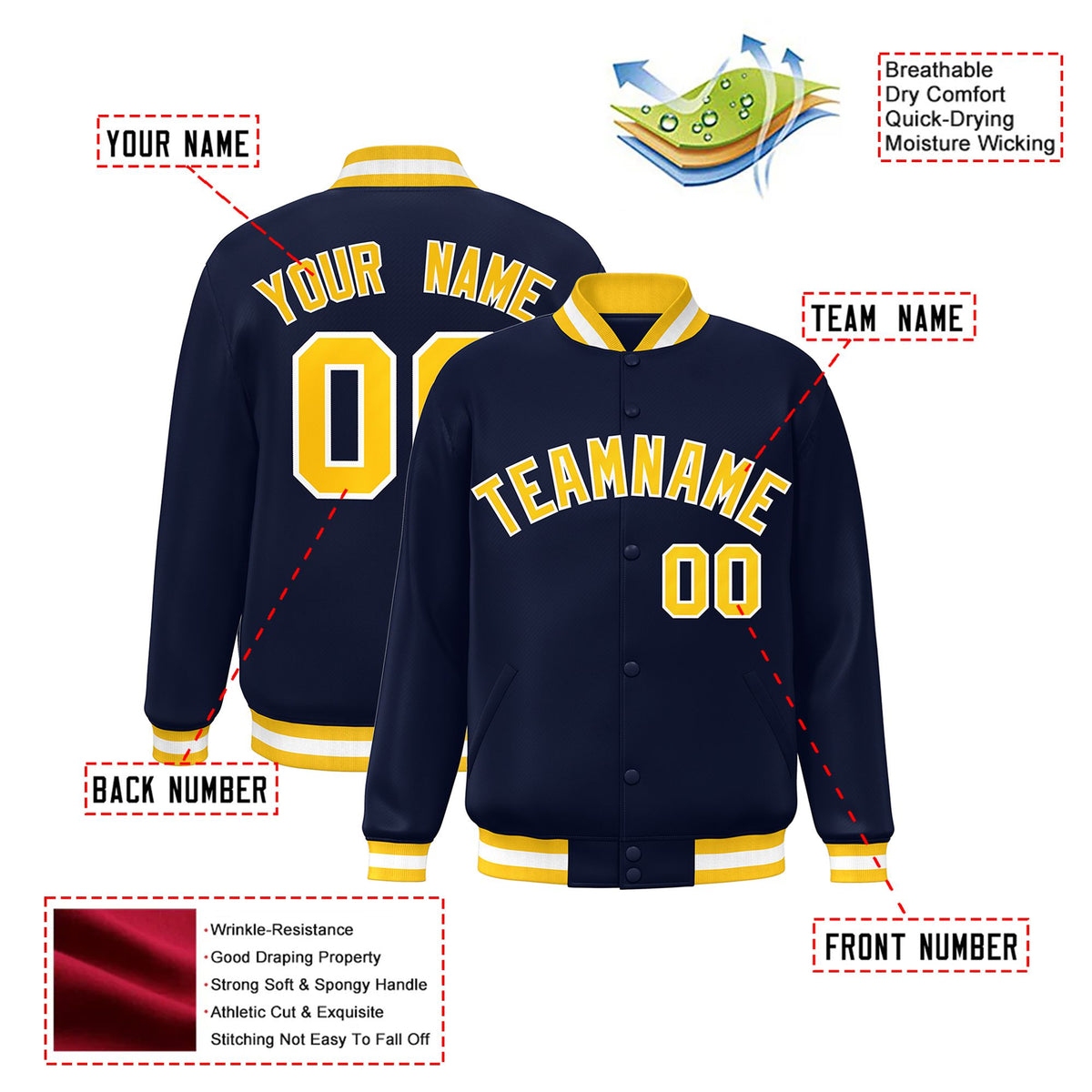 Custom Navy Yellow-White Bomber Full-Snap Varsity Letterman Jacket