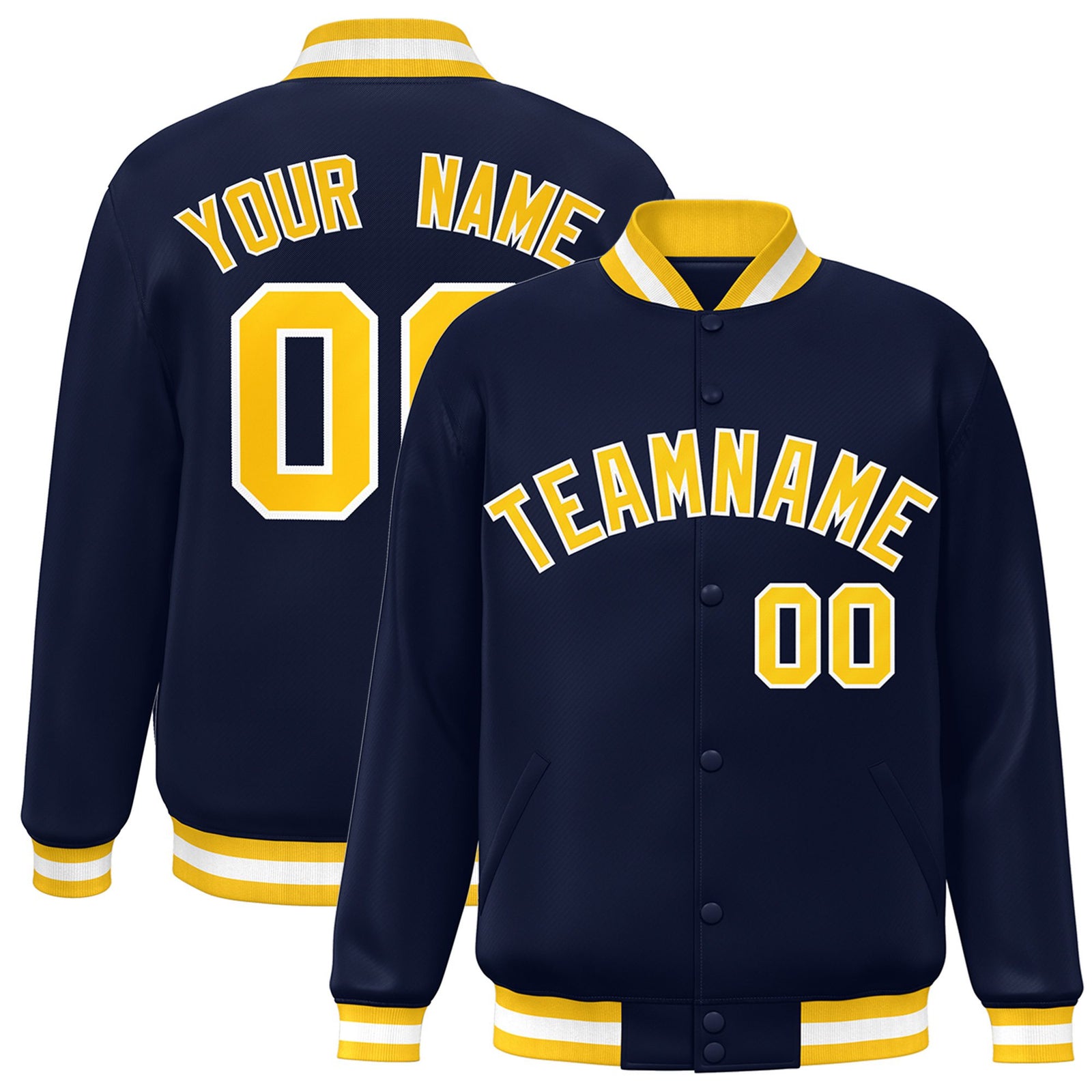 Custom Navy Yellow-White Bomber Full-Snap Varsity Letterman Jacket