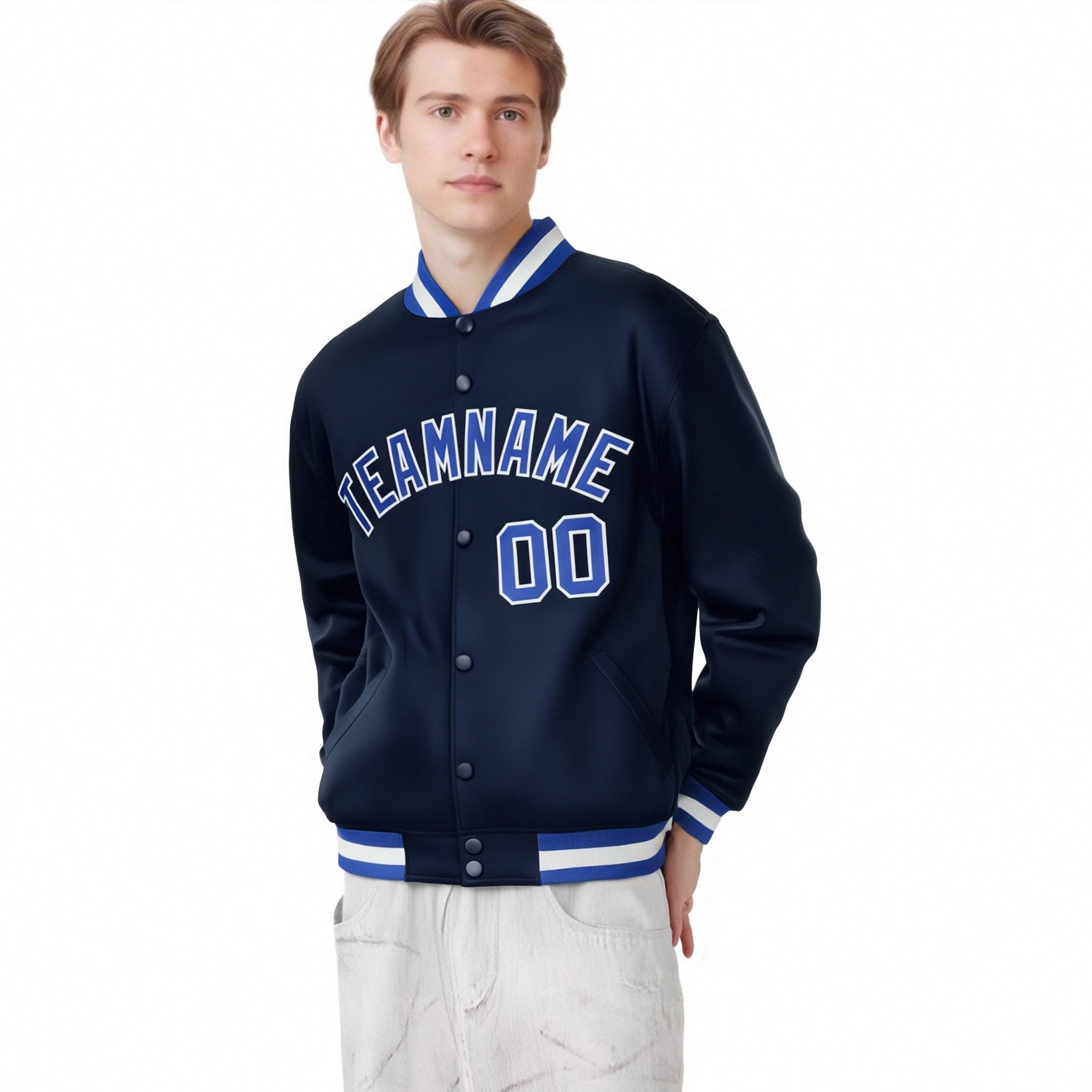 Custom Navy Royal-Blue White Bomber Full-Snap Varsity Letterman Jacket