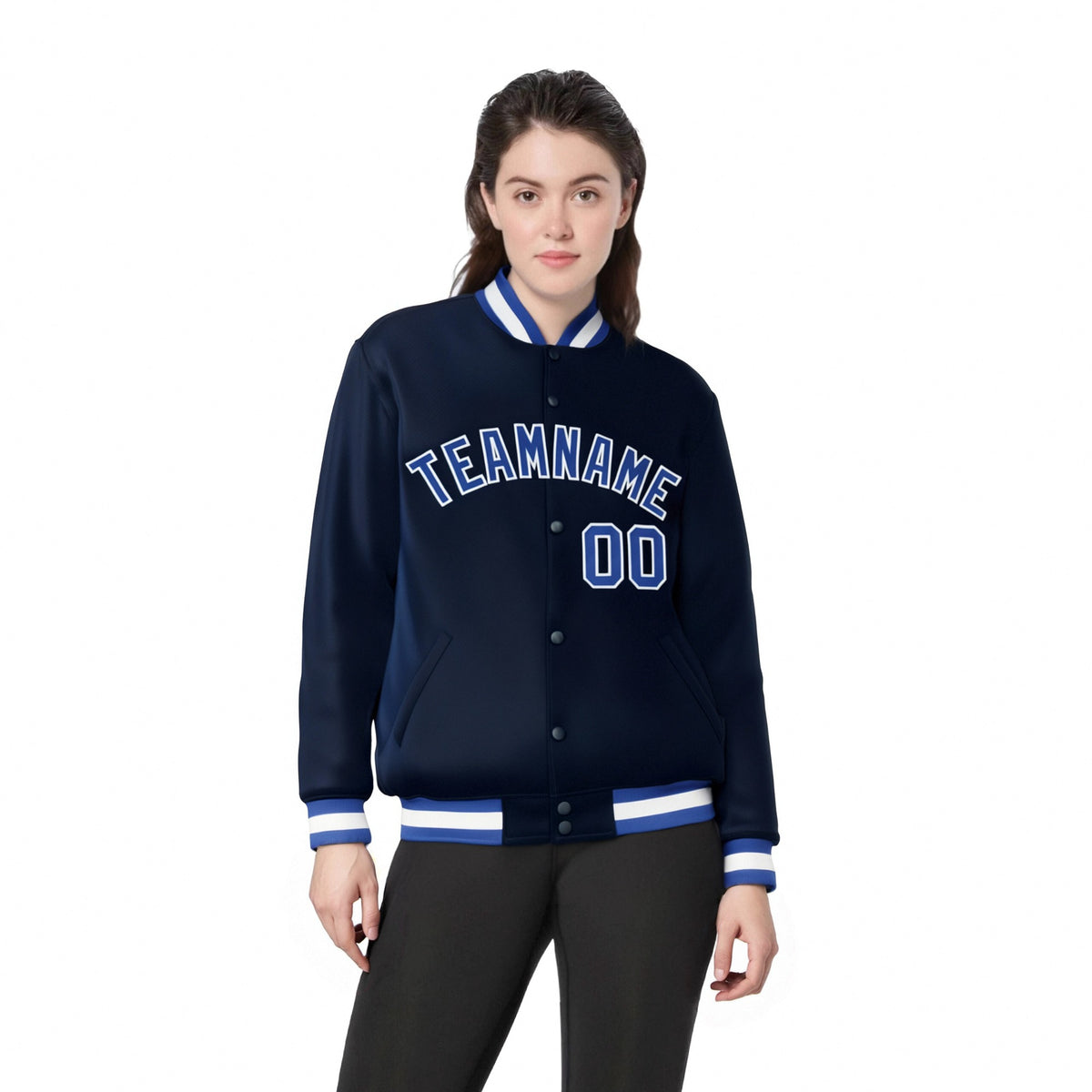 Custom Navy Royal-Blue White Bomber Full-Snap Varsity Letterman Jacket