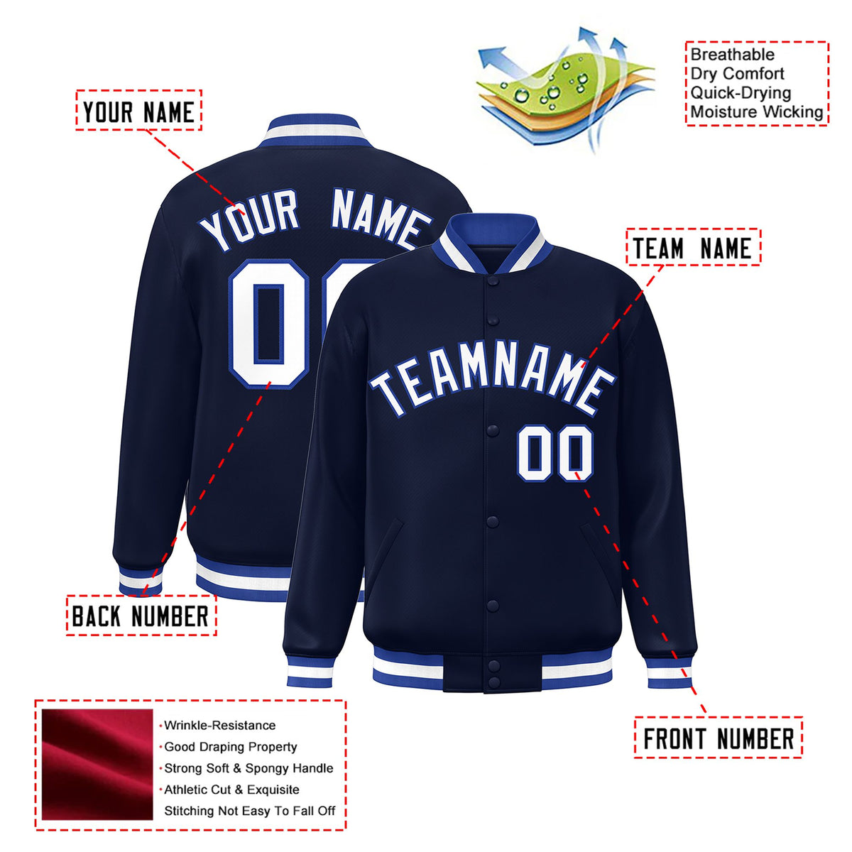 Custom Navy White Royal-Blue Bomber Full-Snap Varsity Letterman Jacket
