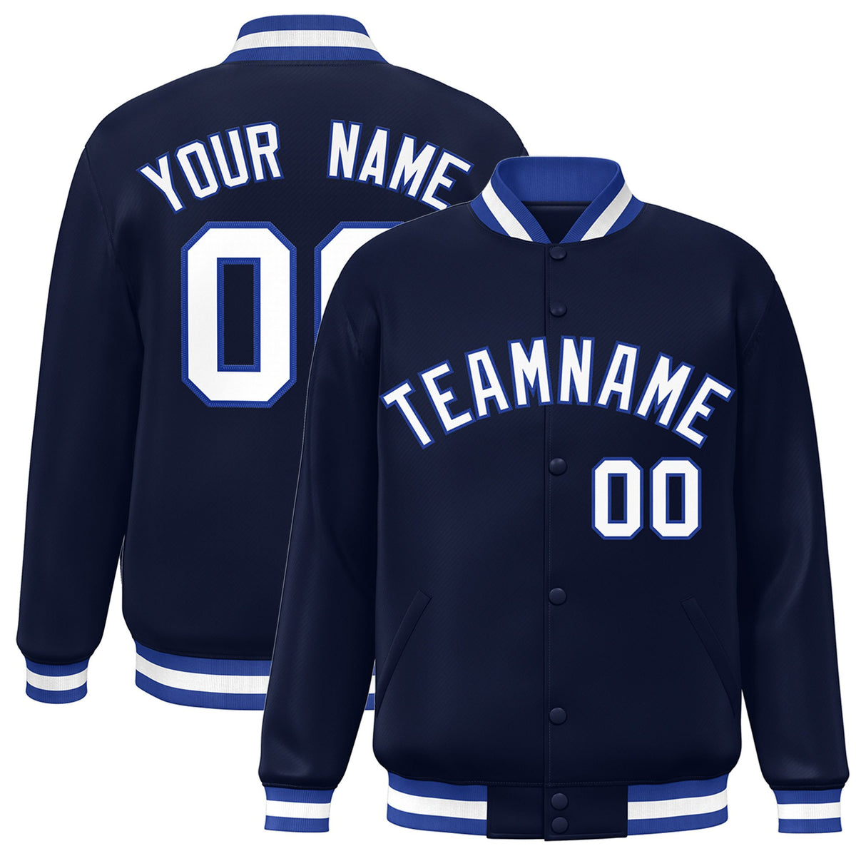 Custom Navy White Royal-Blue Bomber Full-Snap Varsity Letterman Jacket