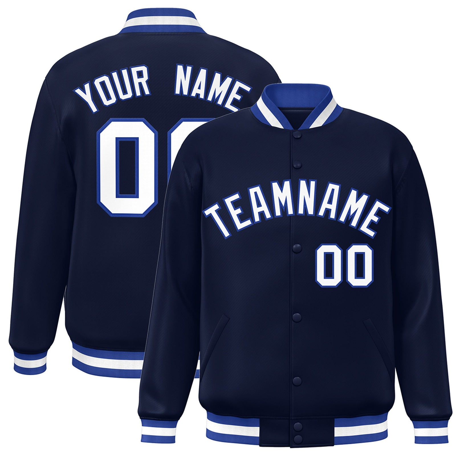 Custom Navy White Royal-Blue Bomber Full-Snap Varsity Letterman Jacket