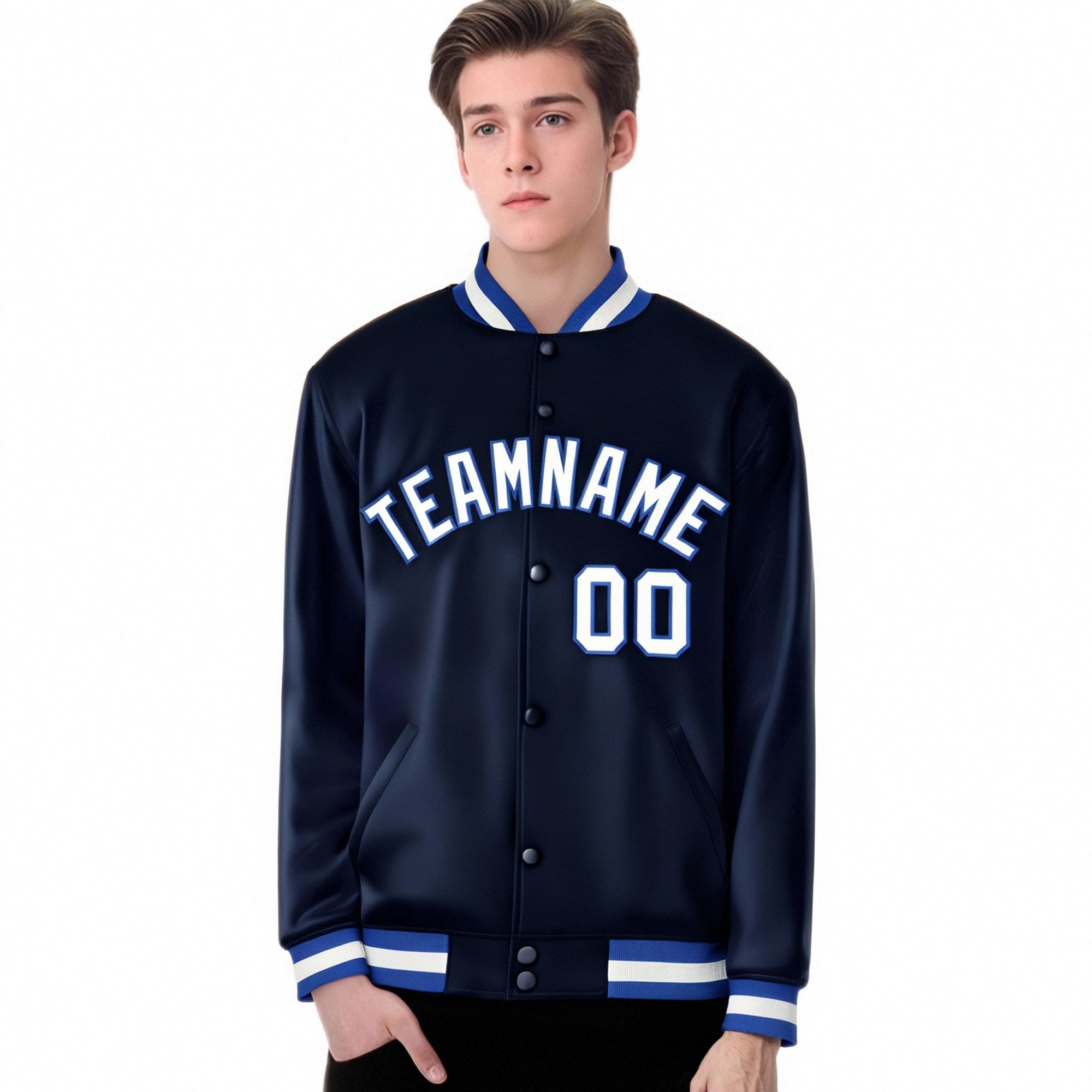 Custom Navy White Royal-Blue Bomber Full-Snap Varsity Letterman Jacket