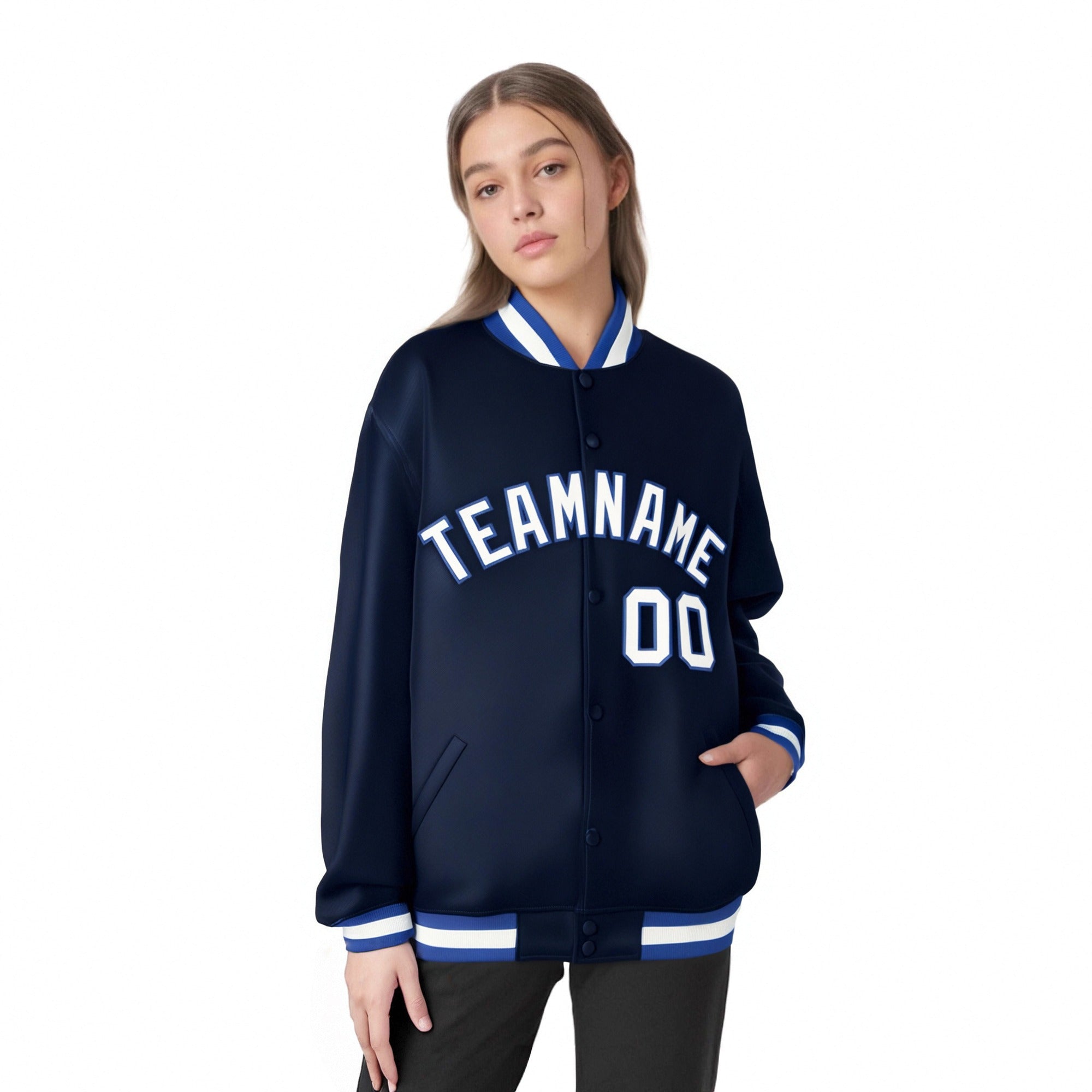 Custom Navy White Royal-Blue Bomber Full-Snap Varsity Letterman Jacket