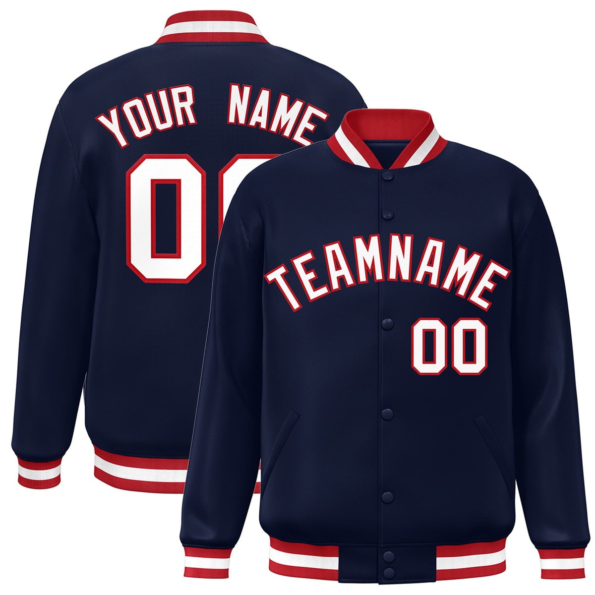 Custom Navy White Red Bomber Full-Snap Varsity Letterman Jacket